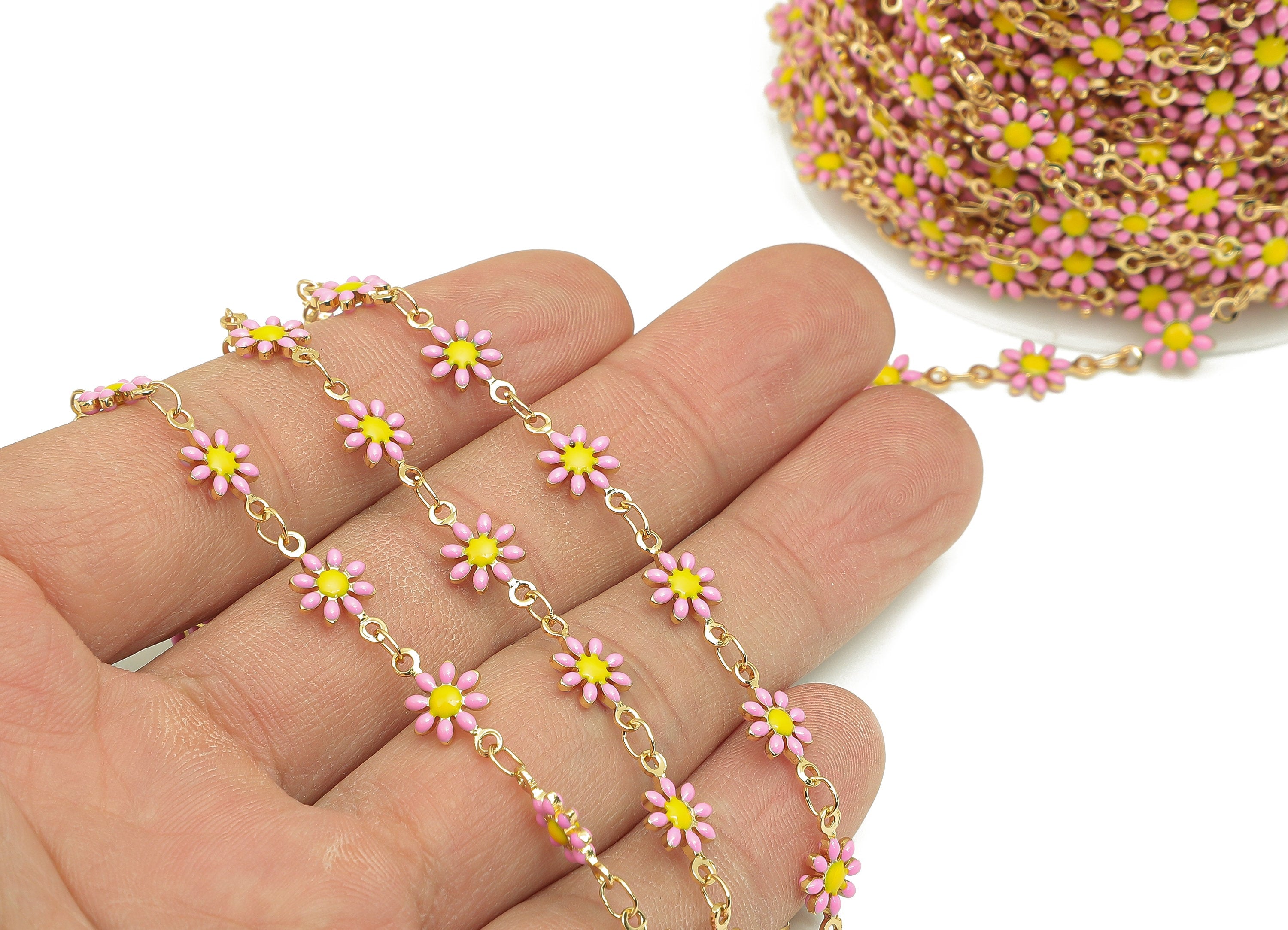 Brass Daisy Chain - Enamel Pink Flower Chains - Floral Link Chain Findings - For Bracelet - 18K Real Gold Plating - 12.8x7.4x2.3mm -RGP5654E - DOMEDBAZAAR