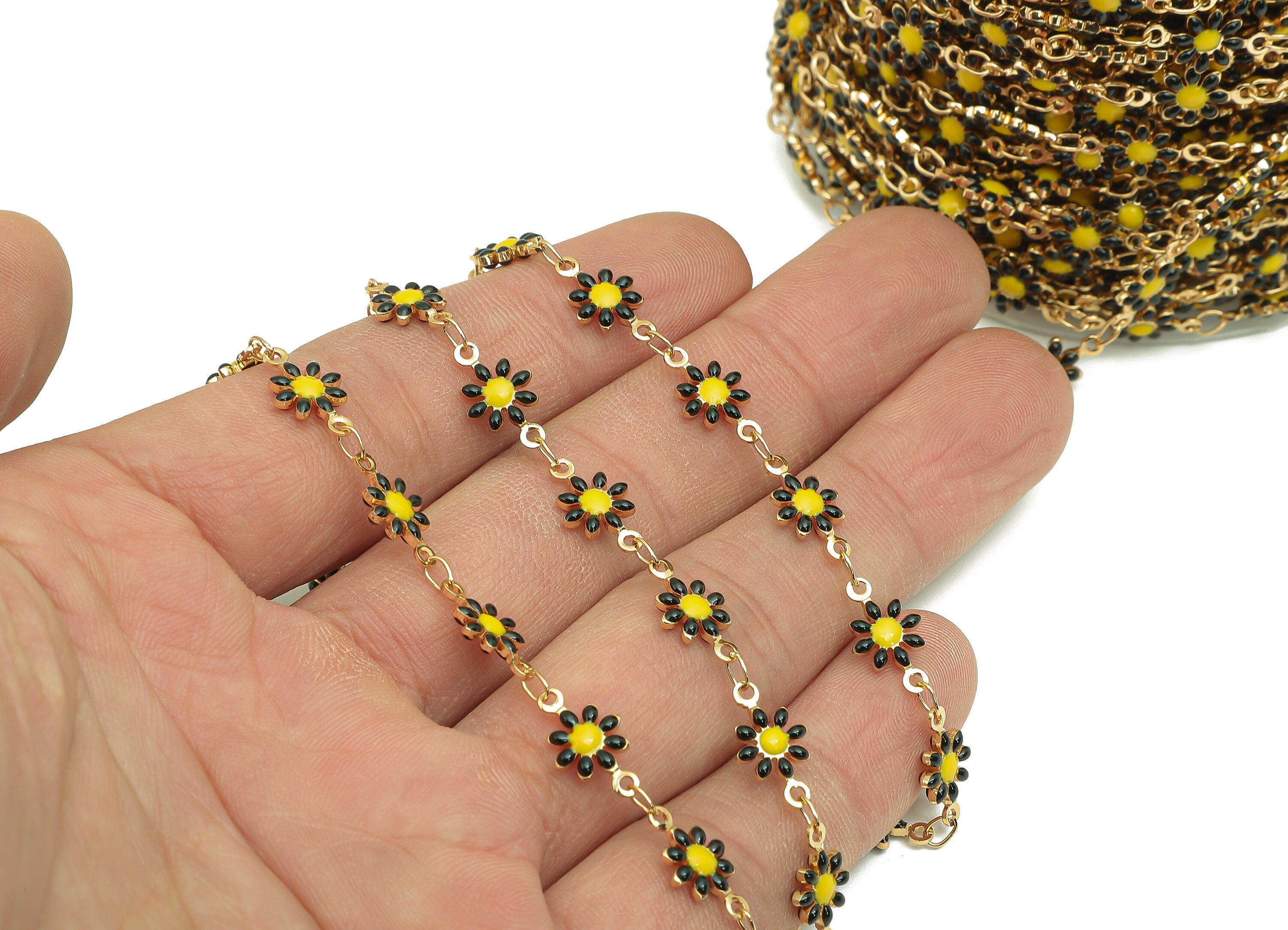 Brass Daisy Chain - Enamel Black Flower Chains - Floral Link Chain Findings - For Bracelet - 18K Real Gold Plating - 12.8x7.4x2.3mm-RGP5654G - DOMEDBAZAAR