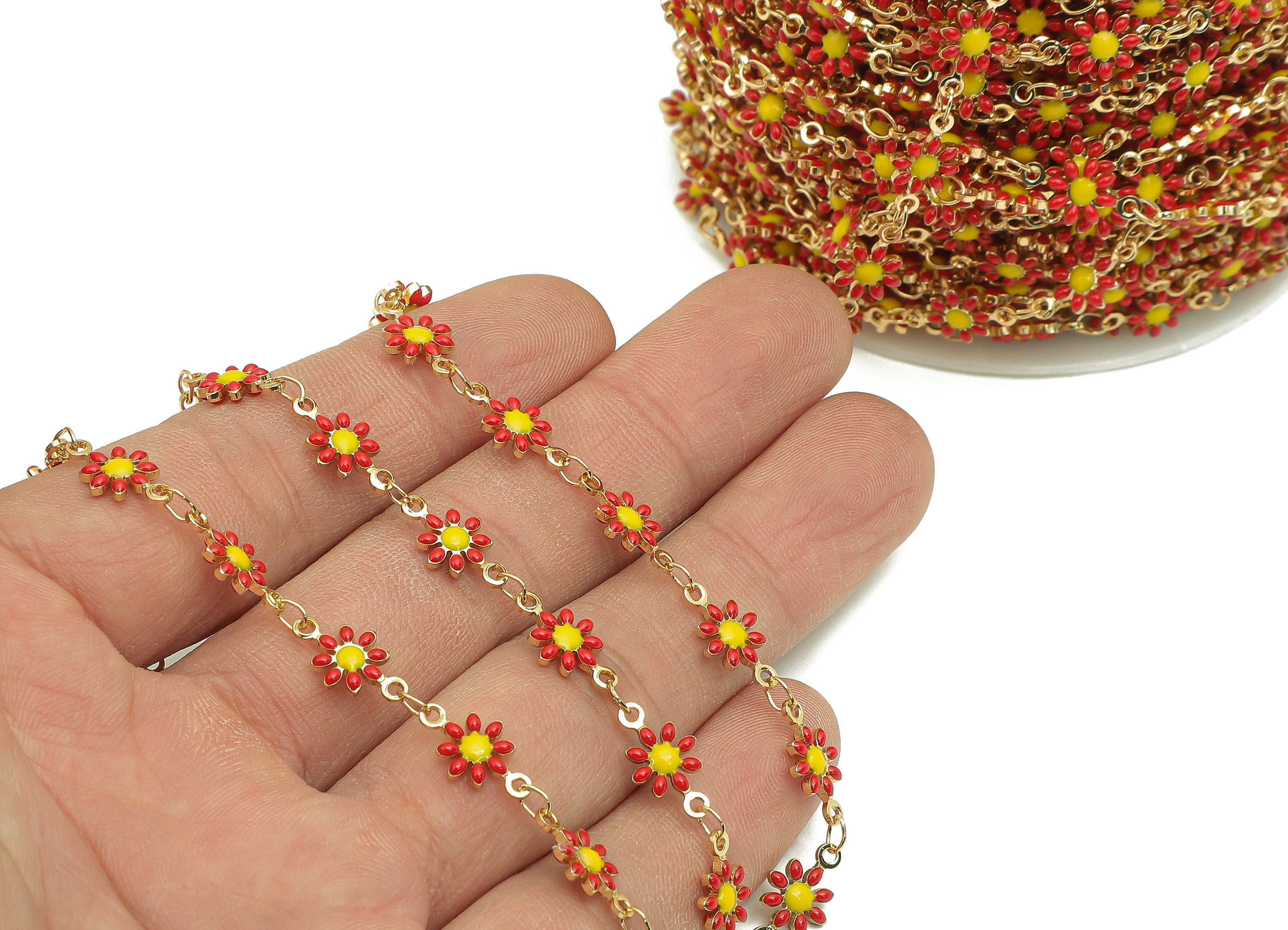 Brass Daisy Chain - Enamel Red Flower Chains - Floral Link Chain Findings - For Bracelet - 18K Real Gold Plating - 12.8x7.4x2.3mm - RGP5654F - DOMEDBAZAAR