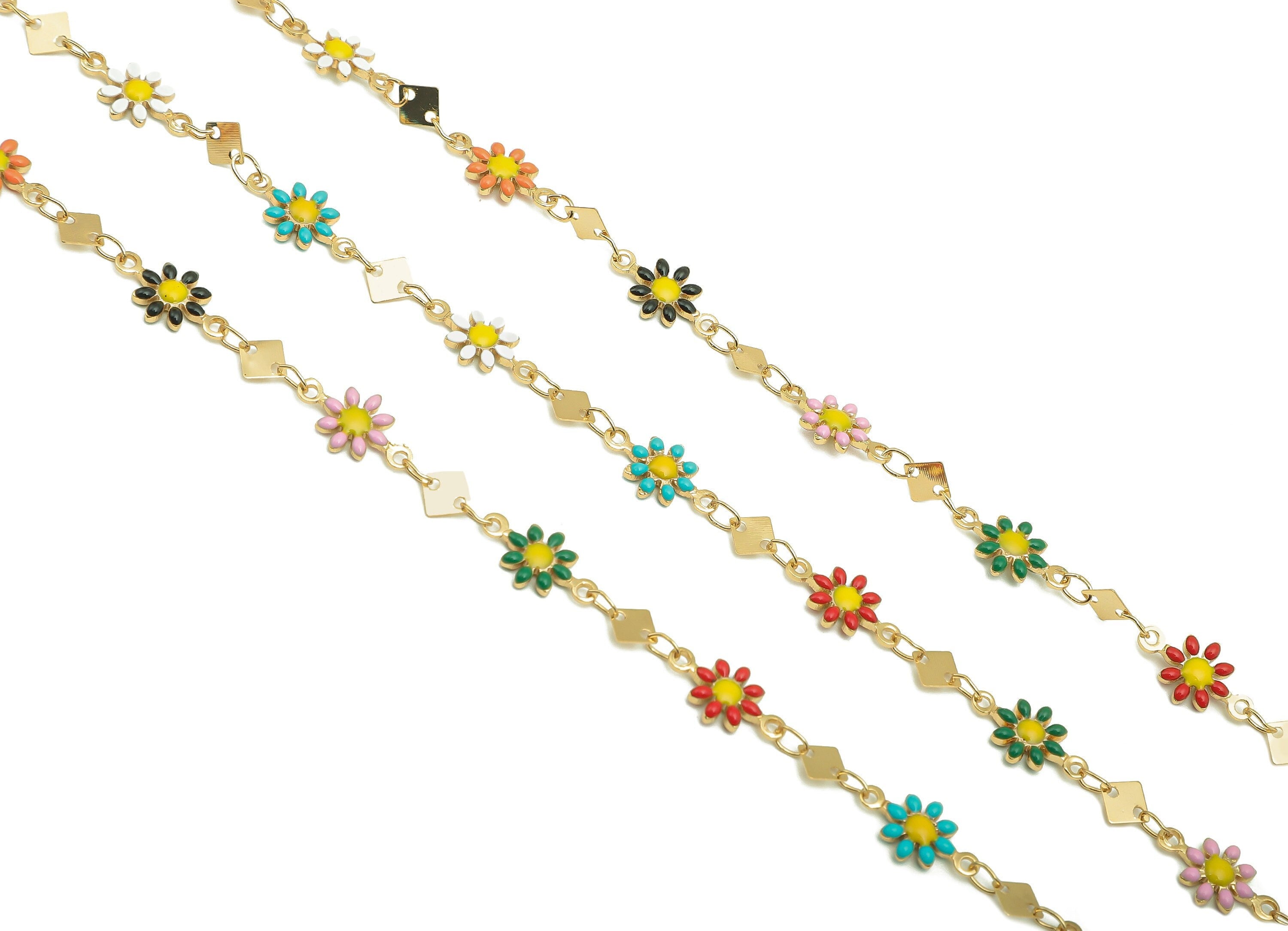 Brass Daisy Chain - Enamel Rainbow Flower Chains - Floral Link Chain - For Bracelet - 18K Real Gold Plating - 12.8x7.4x2.3mm - RGP5654B - DOMEDBAZAAR