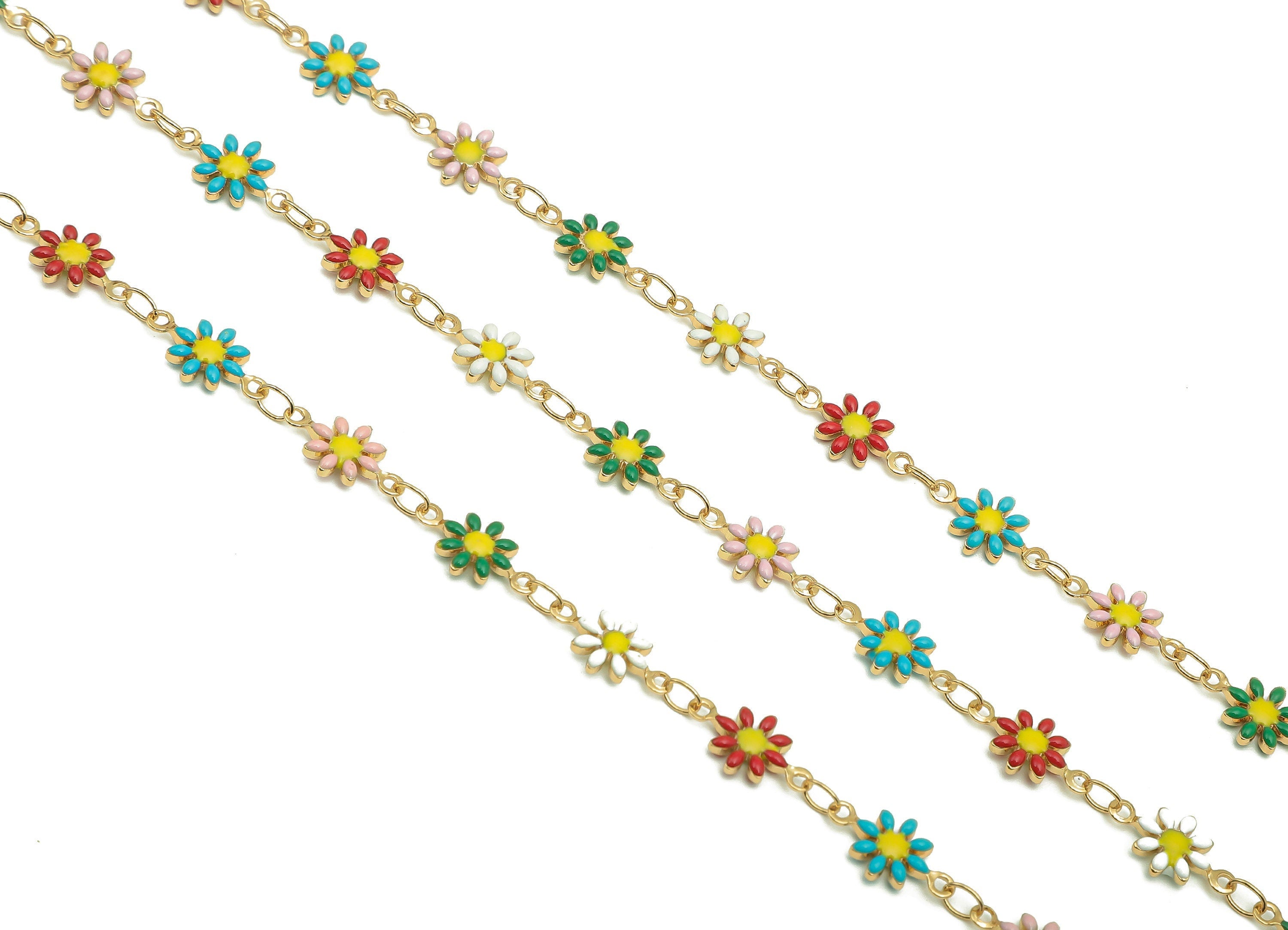 Brass Daisy Chain - Enamel Rainbow Flower Chains - Floral Link Chain - For Bracelet - 18K Real Gold Plating - 12.8x7.4x2.3mm - RGP5654C - DOMEDBAZAAR