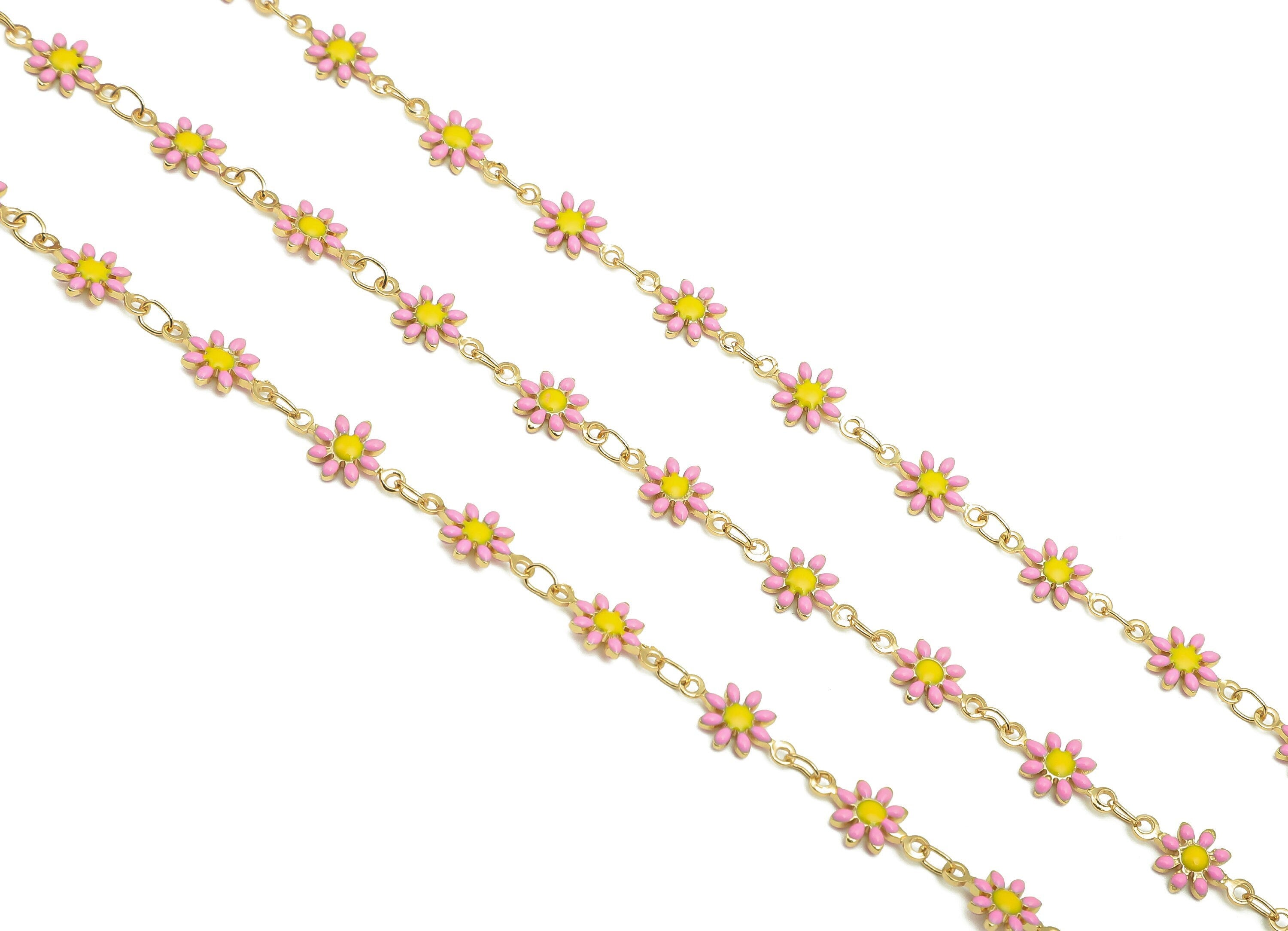 Brass Daisy Chain - Enamel Pink Flower Chains - Floral Link Chain Findings - For Bracelet - 18K Real Gold Plating - 12.8x7.4x2.3mm -RGP5654E - DOMEDBAZAAR