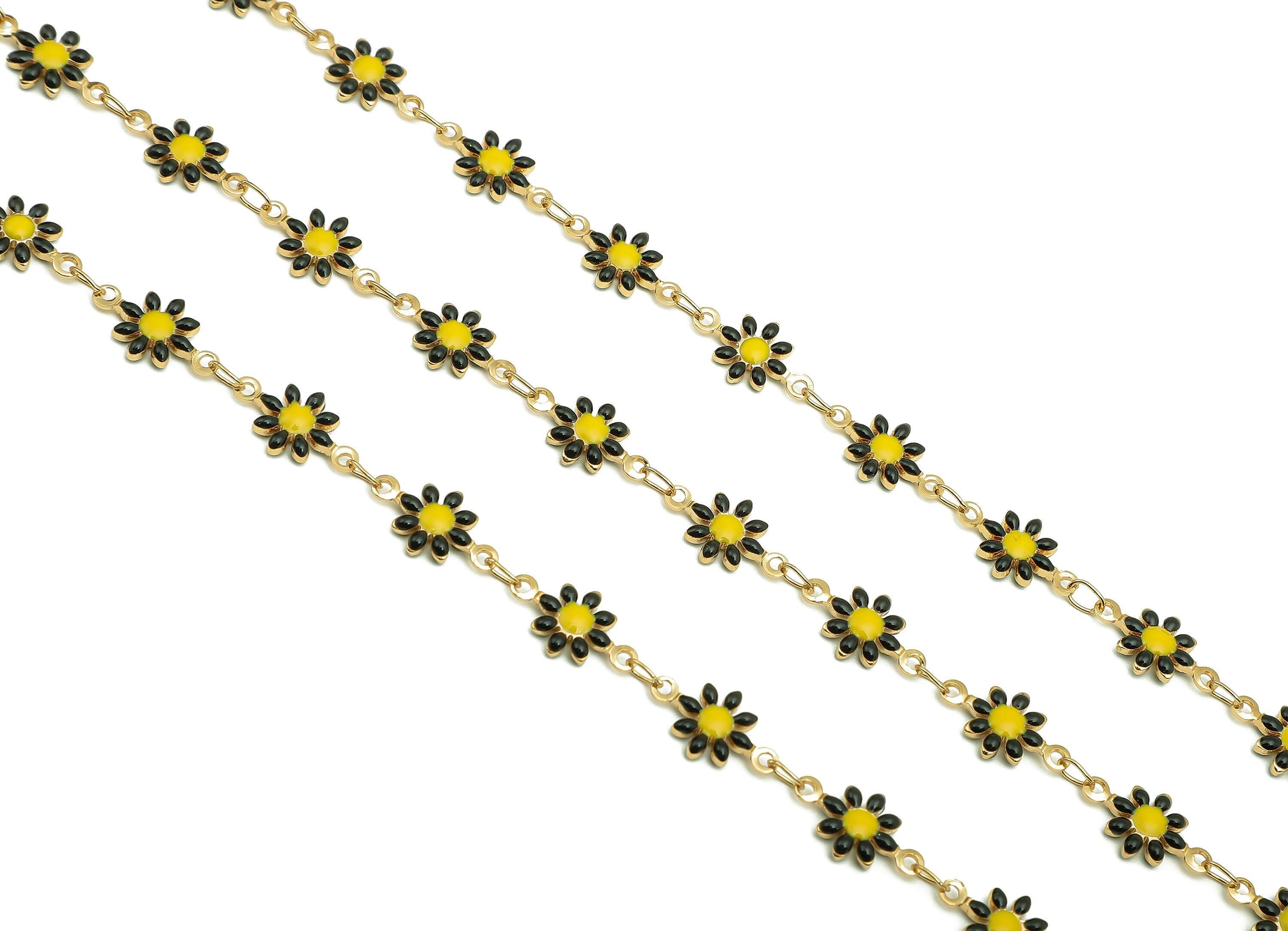 Brass Daisy Chain - Enamel Black Flower Chains - Floral Link Chain Findings - For Bracelet - 18K Real Gold Plating - 12.8x7.4x2.3mm-RGP5654G - DOMEDBAZAAR