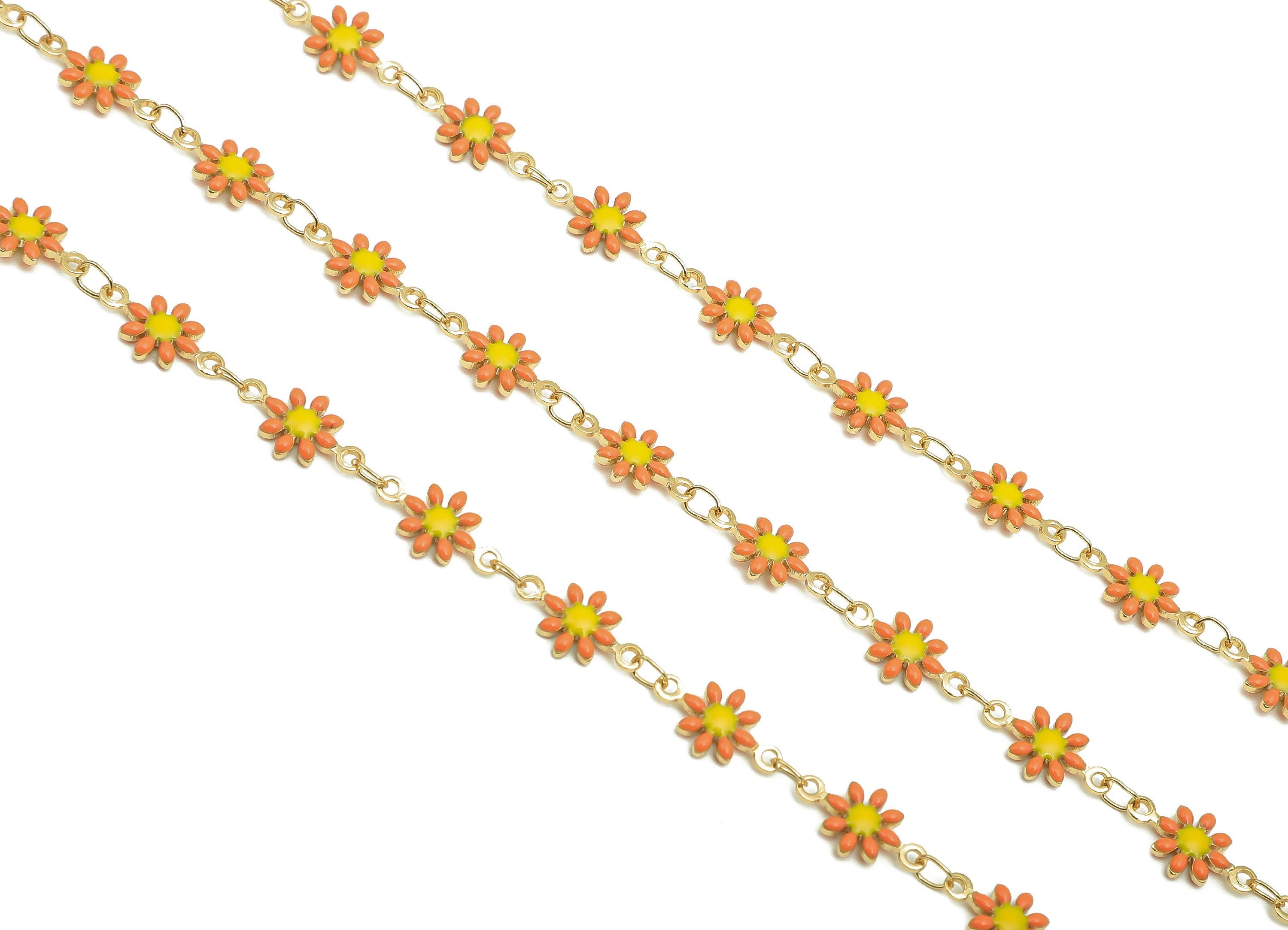 Brass Daisy Chain - Enamel Orange Flower Chains - Floral Link Chain - For Bracelet - 18K Real Gold Plating - 12.8x7.4x2.3mm - RGP5654H - DOMEDBAZAAR