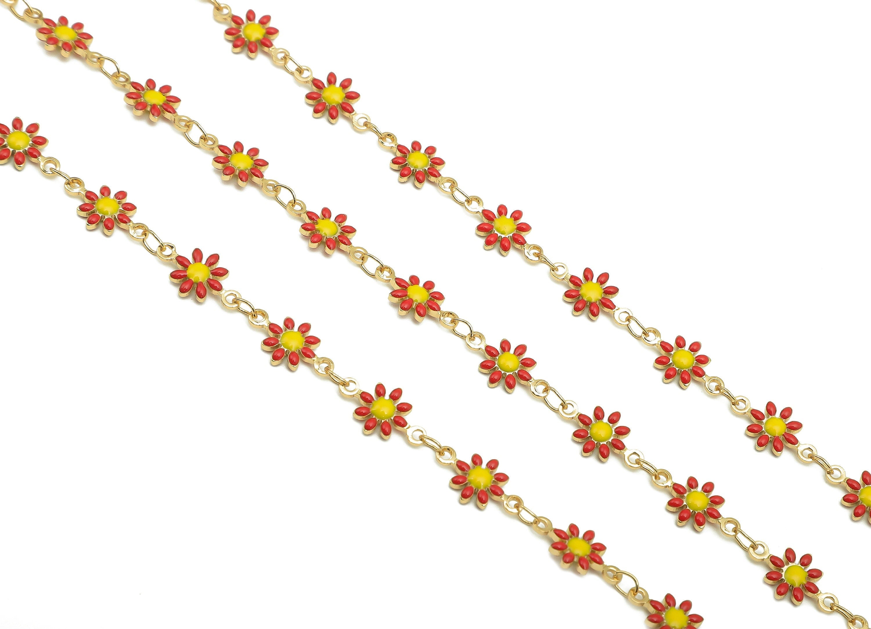 Brass Daisy Chain - Enamel Red Flower Chains - Floral Link Chain Findings - For Bracelet - 18K Real Gold Plating - 12.8x7.4x2.3mm - RGP5654F - DOMEDBAZAAR