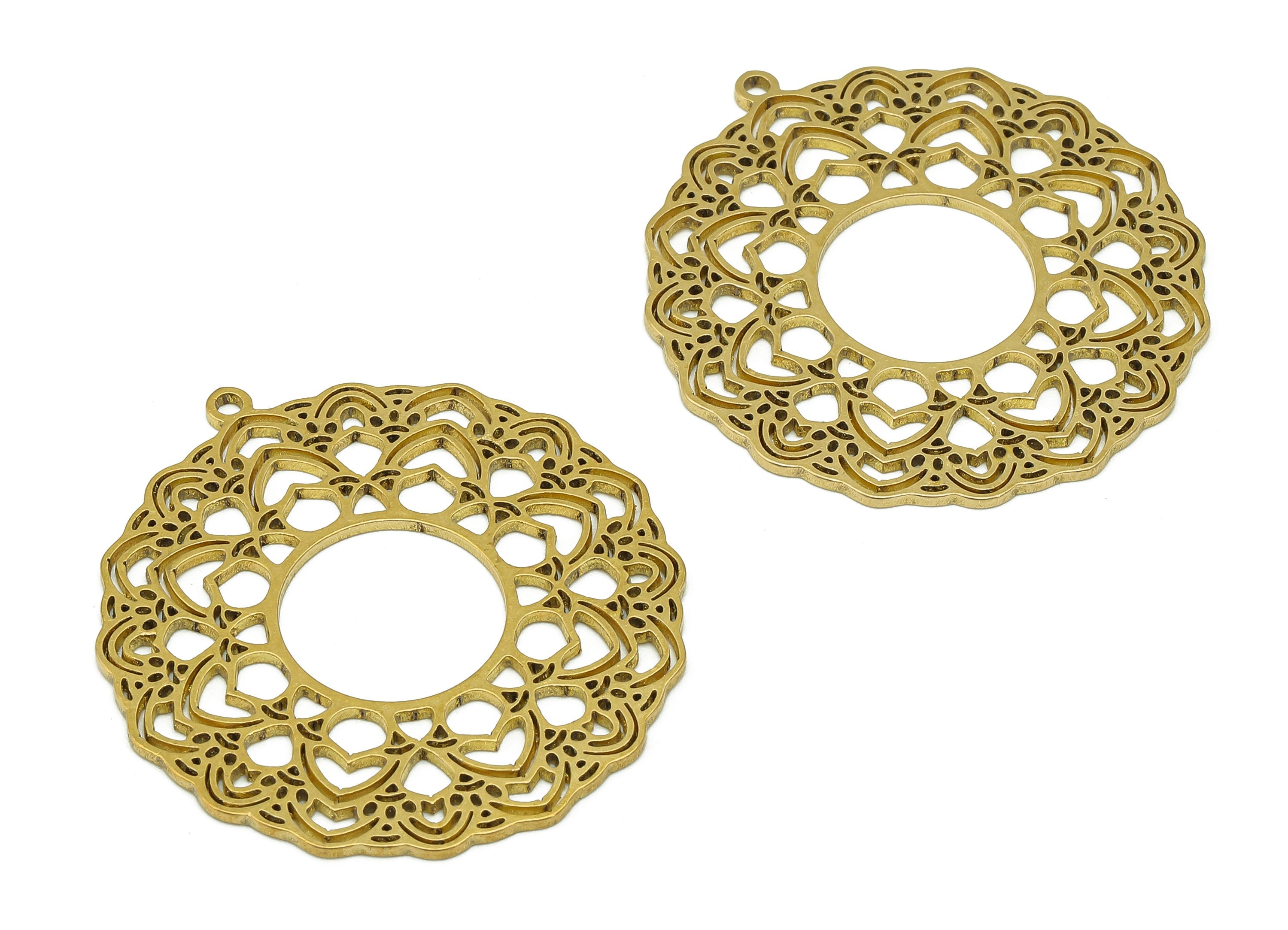 Brass Sunflower Earring Charms - Raw Brass Hollow Flower Earring - Botanical Pendant With Loop - For Necklace - 37.9x35.7x0.9mm - PPA6819 - DOMEDBAZAAR