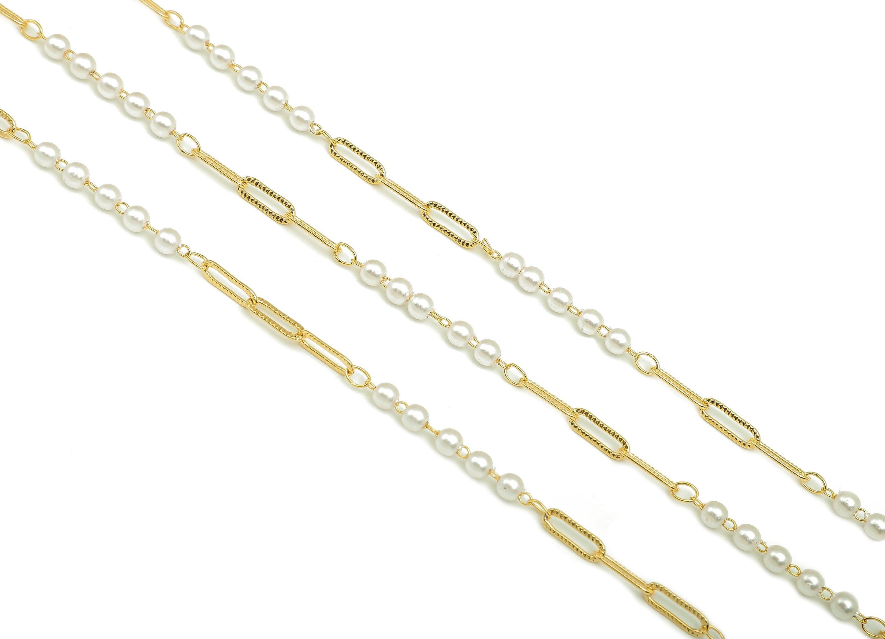 Brass Pearl Beaded Chain - Textured Oval Rectangle Cable Chain - For Necklace - For Bracelet - 18K Real Gold Plating - 3.3x3.3x2.9mm-RGP5656 - DOMEDBAZAAR