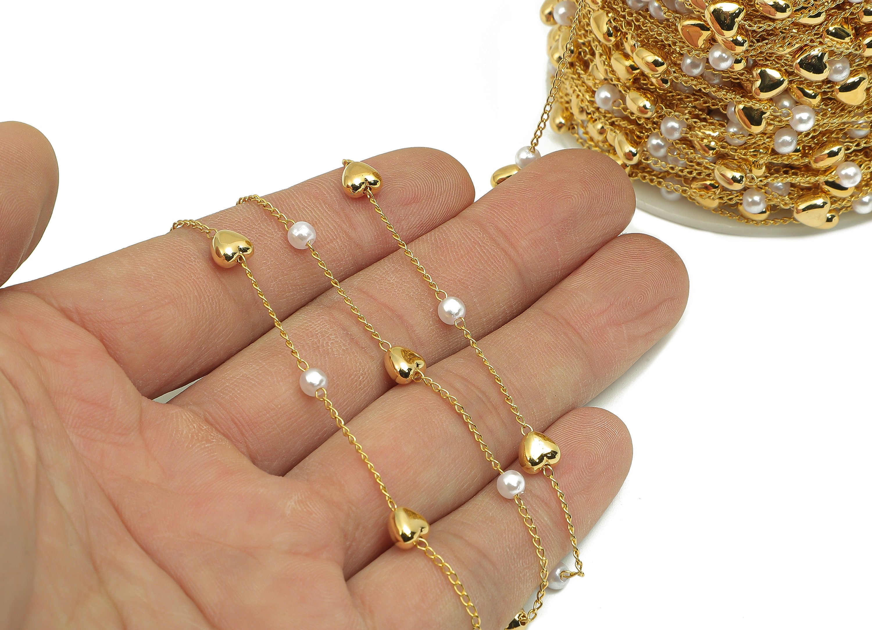 Brass Beaded Chain - Pearl Satellite Curb Chain - Soldered Heart Bead Chain - For Necklace - 18K Real Gold Plating - 6.3x5.9x3.9mm - RGP5681 - DOMEDBAZAAR