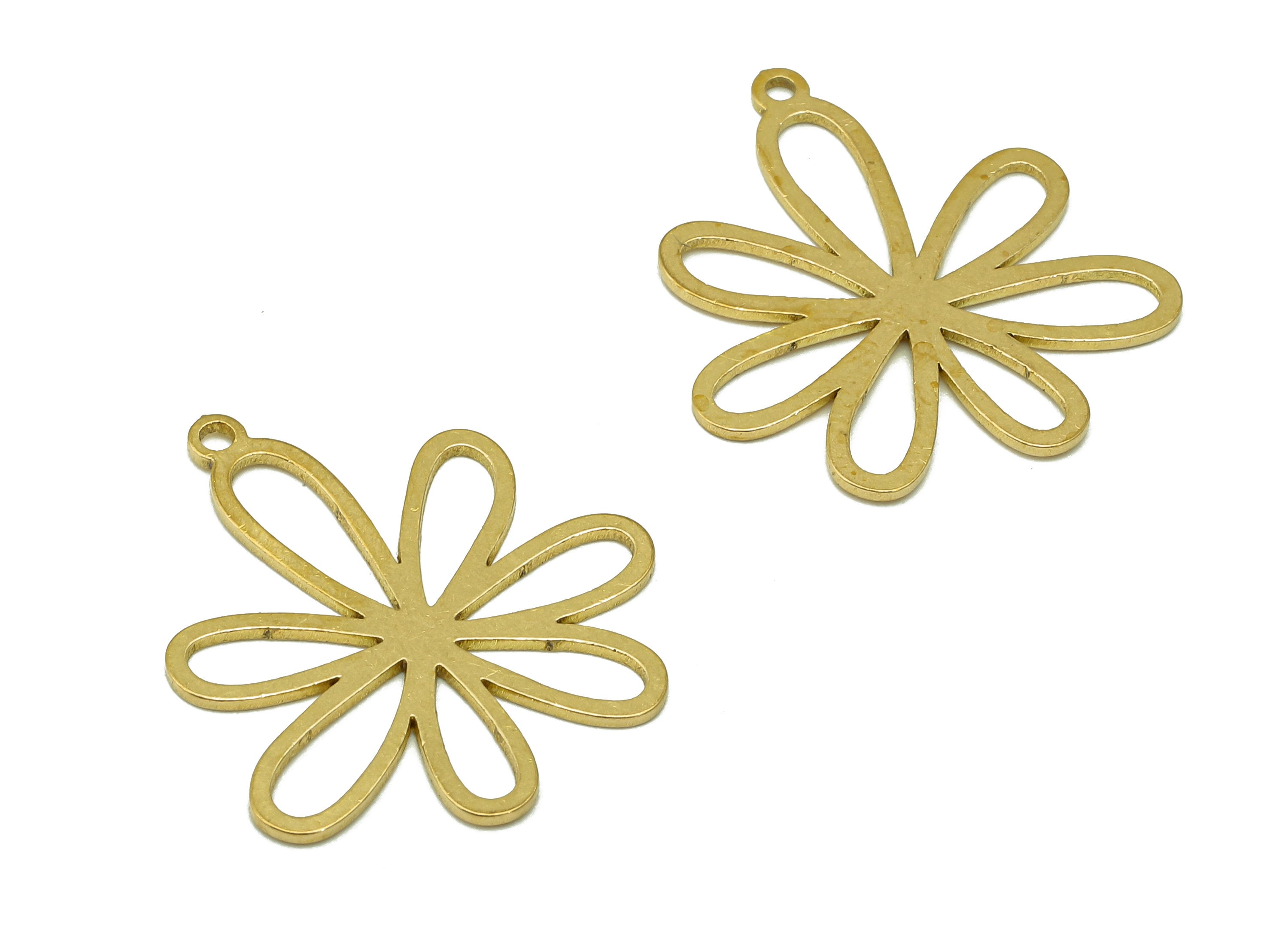 Brass Flower Earring Charms - Raw Brass Flower Earring - Flower Pendant With Loop - Botanical Charm For Necklace - 29.7x29.7x0.9mm - PPA6928 - DOMEDBAZAAR