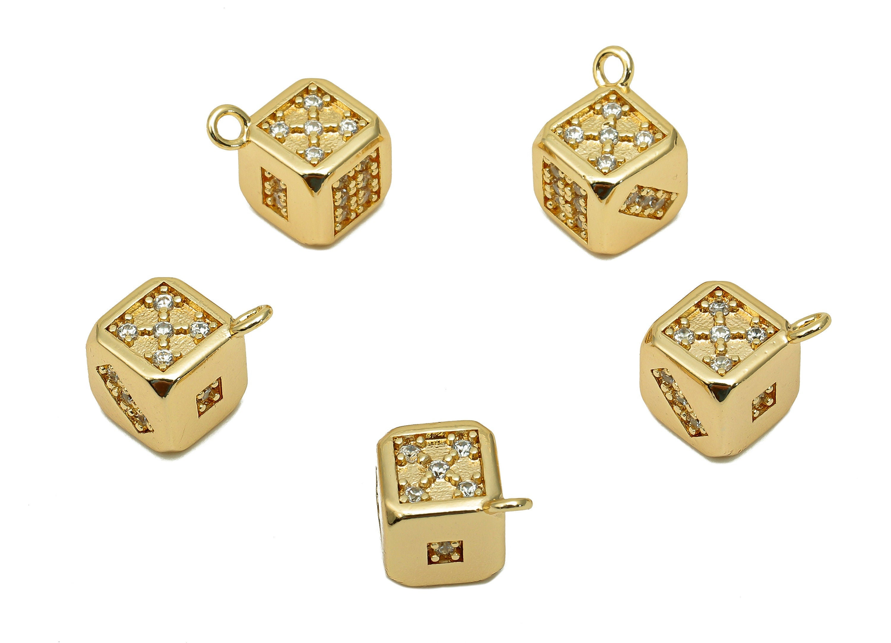 Brass Dice Cube Earring Charm - Zircon Dice Square Earring - Number Pendant With Loop - 18K Real Gold Plating Charm - 15.3x8.6x8.6mm-RGP5714 - DOMEDBAZAAR