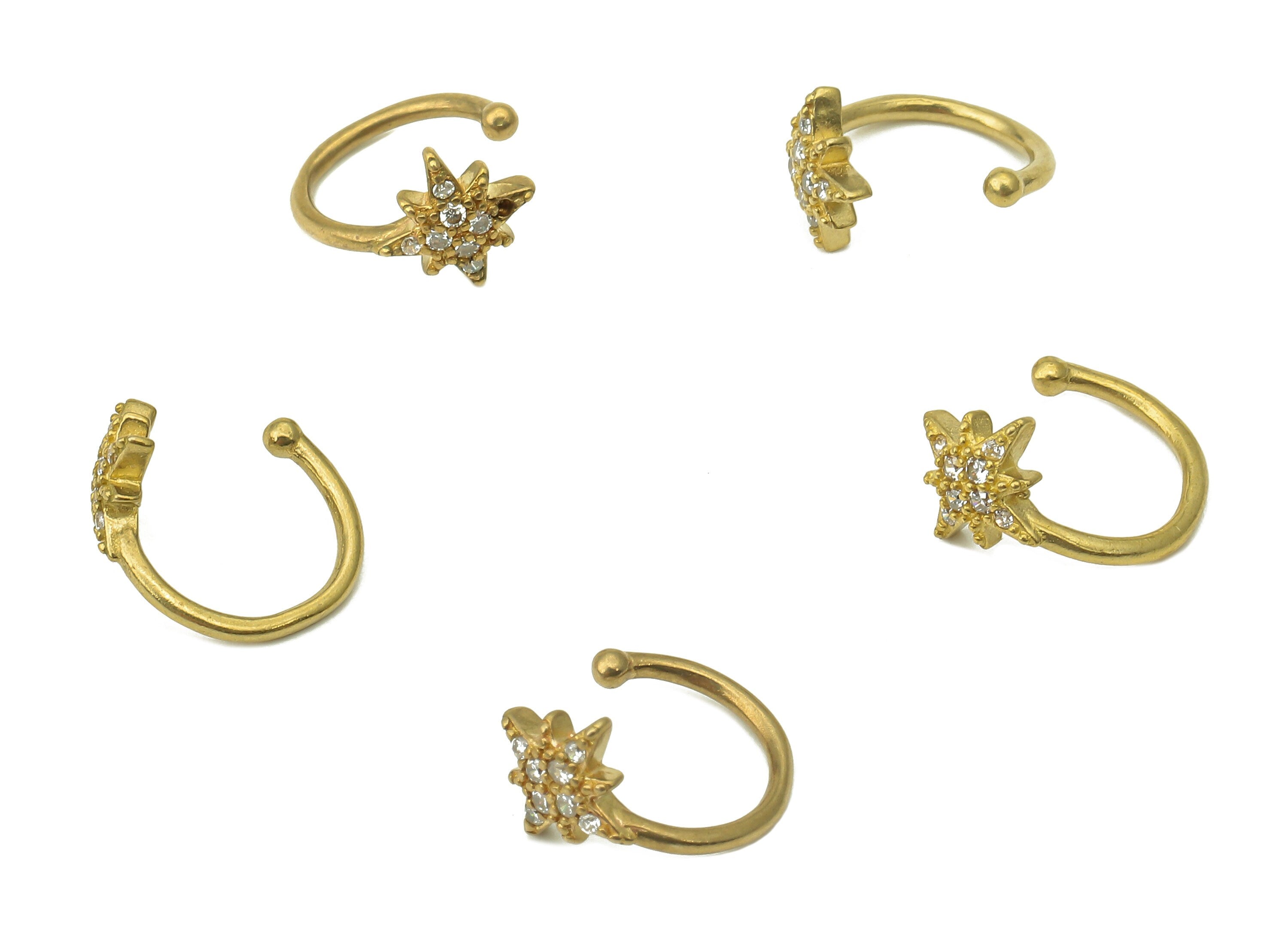 Brass Mini Star Open Round C Ring - Raw Brass Cartilage Earring With Zircon - Mini Planet Huggie Hoop Earring - 12.6x11.3x2.1mm - PP8159 - DOMEDBAZAAR