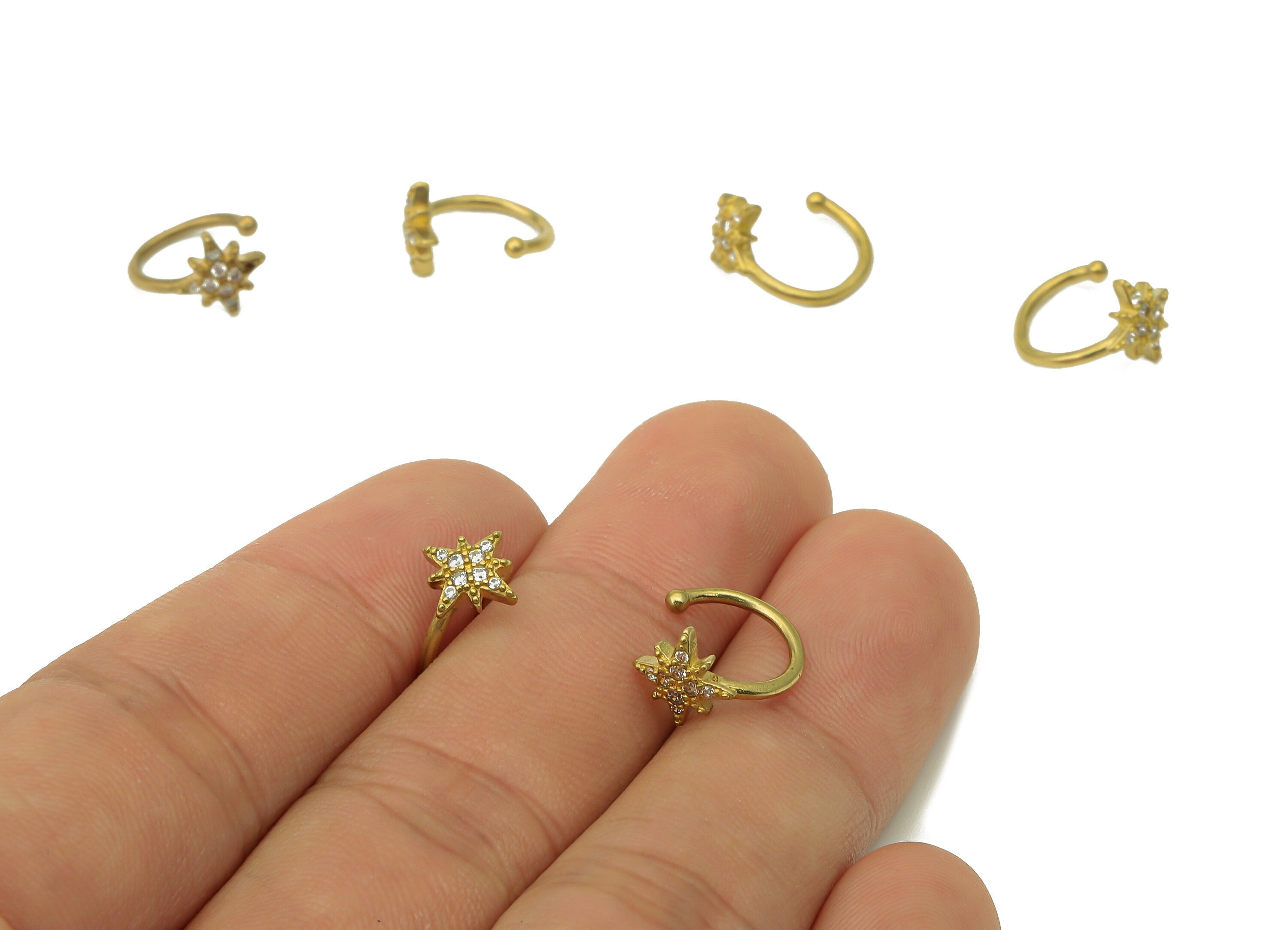 Brass Mini Star Open Round C Ring - Raw Brass Cartilage Earring With Zircon - Mini Planet Huggie Hoop Earring - 12.6x11.3x2.1mm - PP8159 - DOMEDBAZAAR