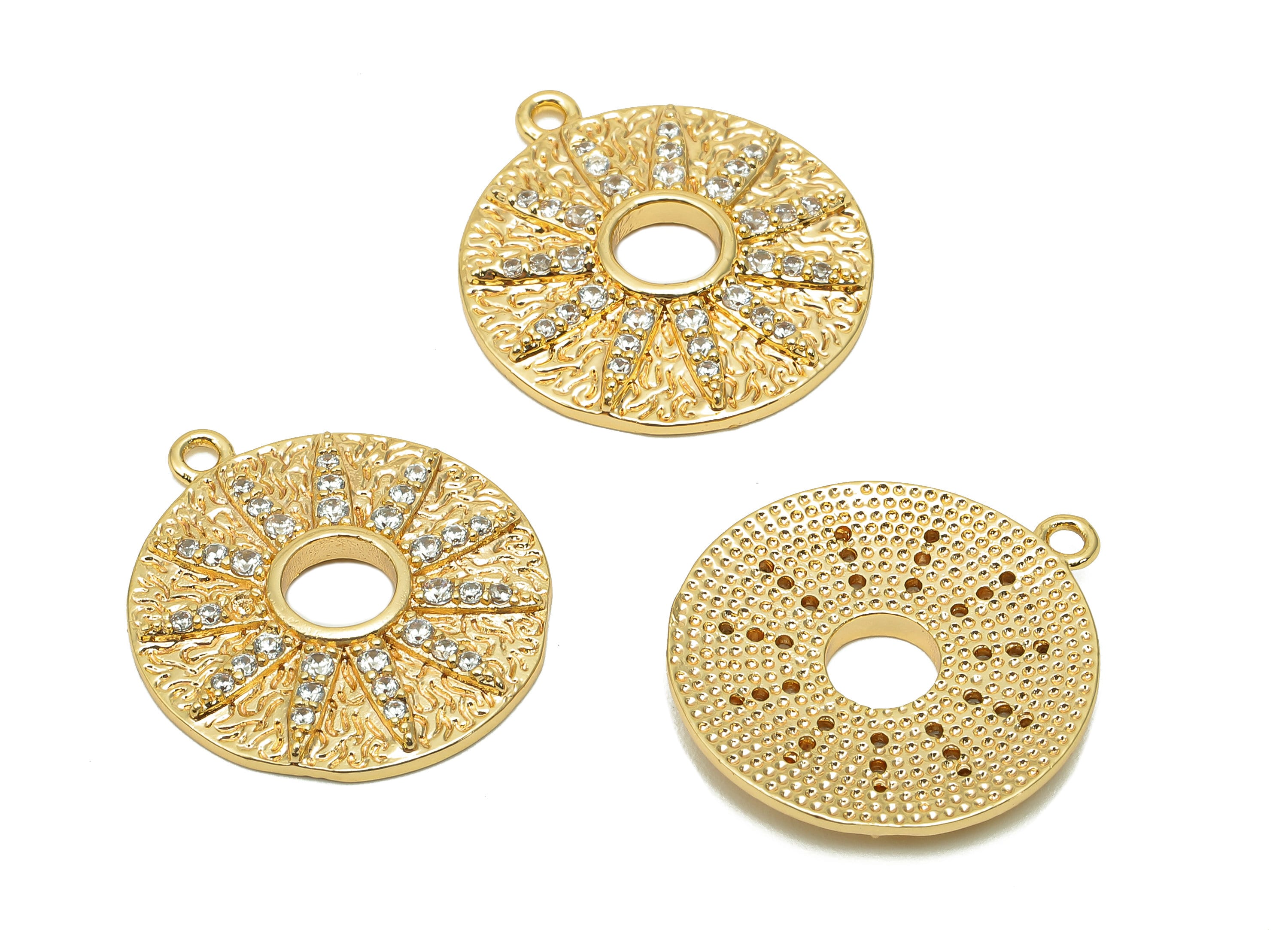 Brass Textured Sun Round Charm - Zircon Circle Flower Dots Earring - Spot Pendant With Loop - 18K Real Gold Plating - 22.5x20x2.4mm -RGP5715 - DOMEDBAZAAR