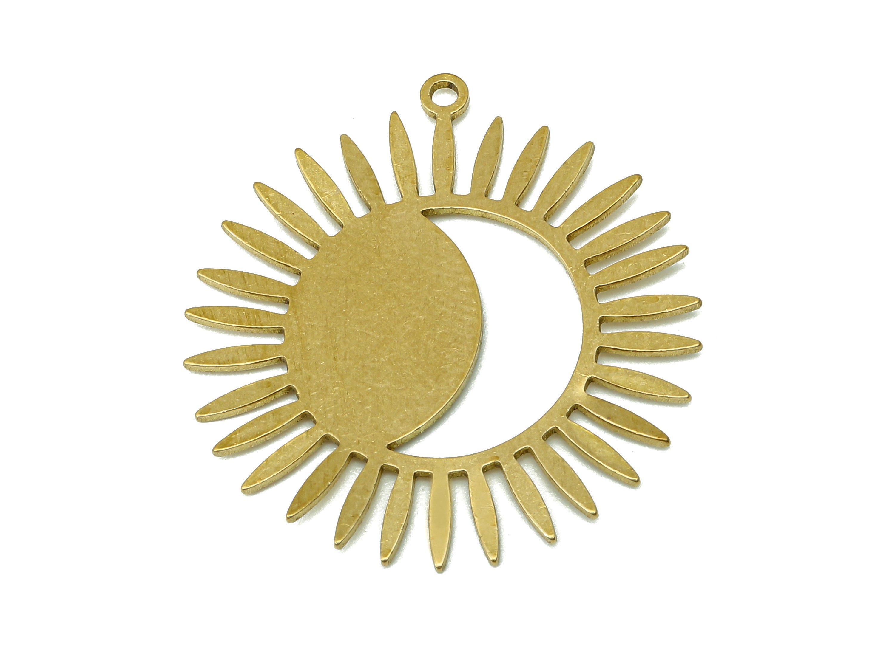 Brass Sun Crescent Earring Charm - Raw Brass Celestial Sun Moon Earring - Crescent Pendant With Loop - For Necklace - 32x30x0.7mm - PPA6652 - DOMEDBAZAAR
