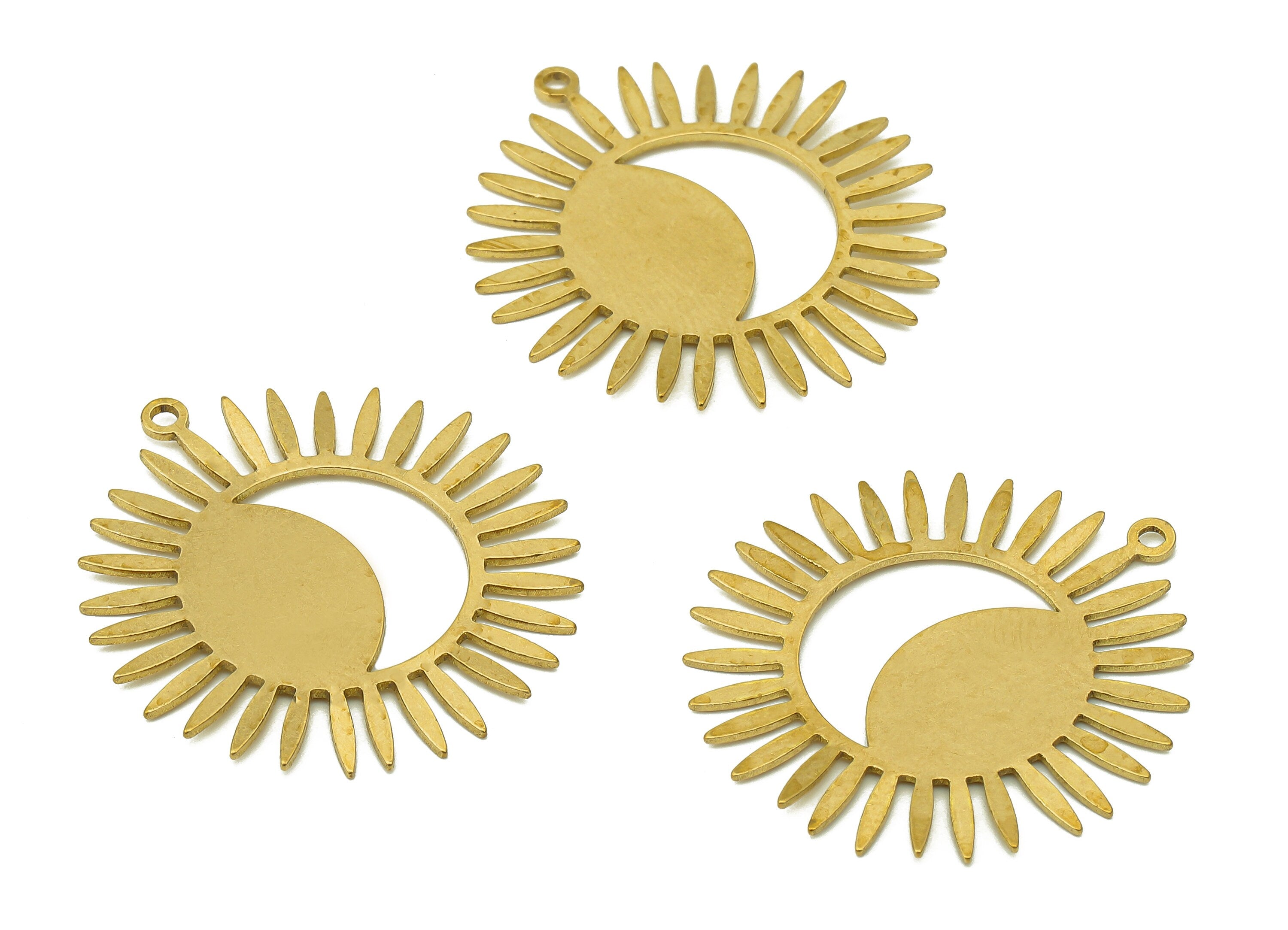 Brass Sun Crescent Earring Charm - Raw Brass Celestial Sun Moon Earring - Crescent Pendant With Loop - For Necklace - 32x30x0.7mm - PPA6652 - DOMEDBAZAAR