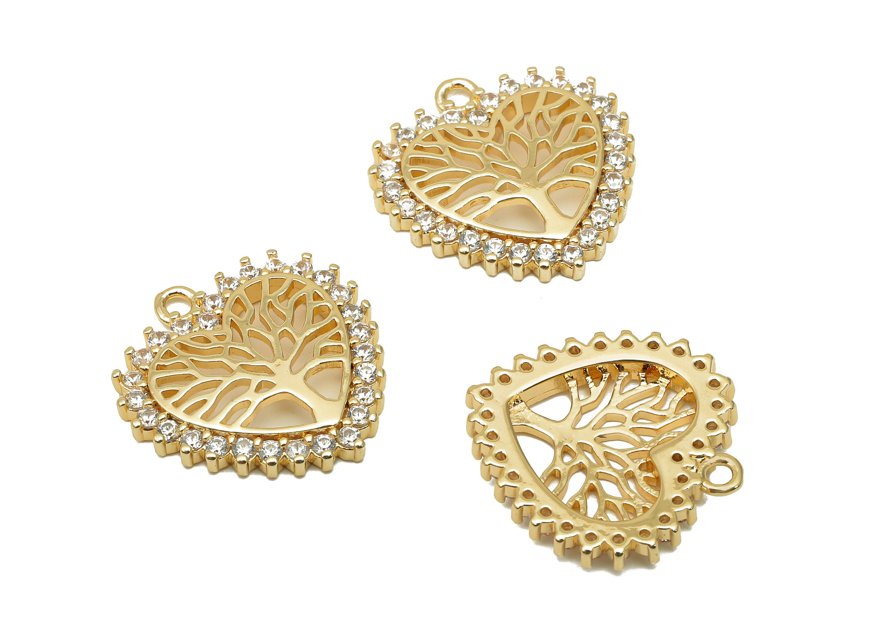 Brass Heart Earring Charm - Zircon Life Tree Heart Earring - Heart Pendant With Loop - 18K Real Gold Plating - 18.9x18.5x2.4mm - RGP5717 - DOMEDBAZAAR