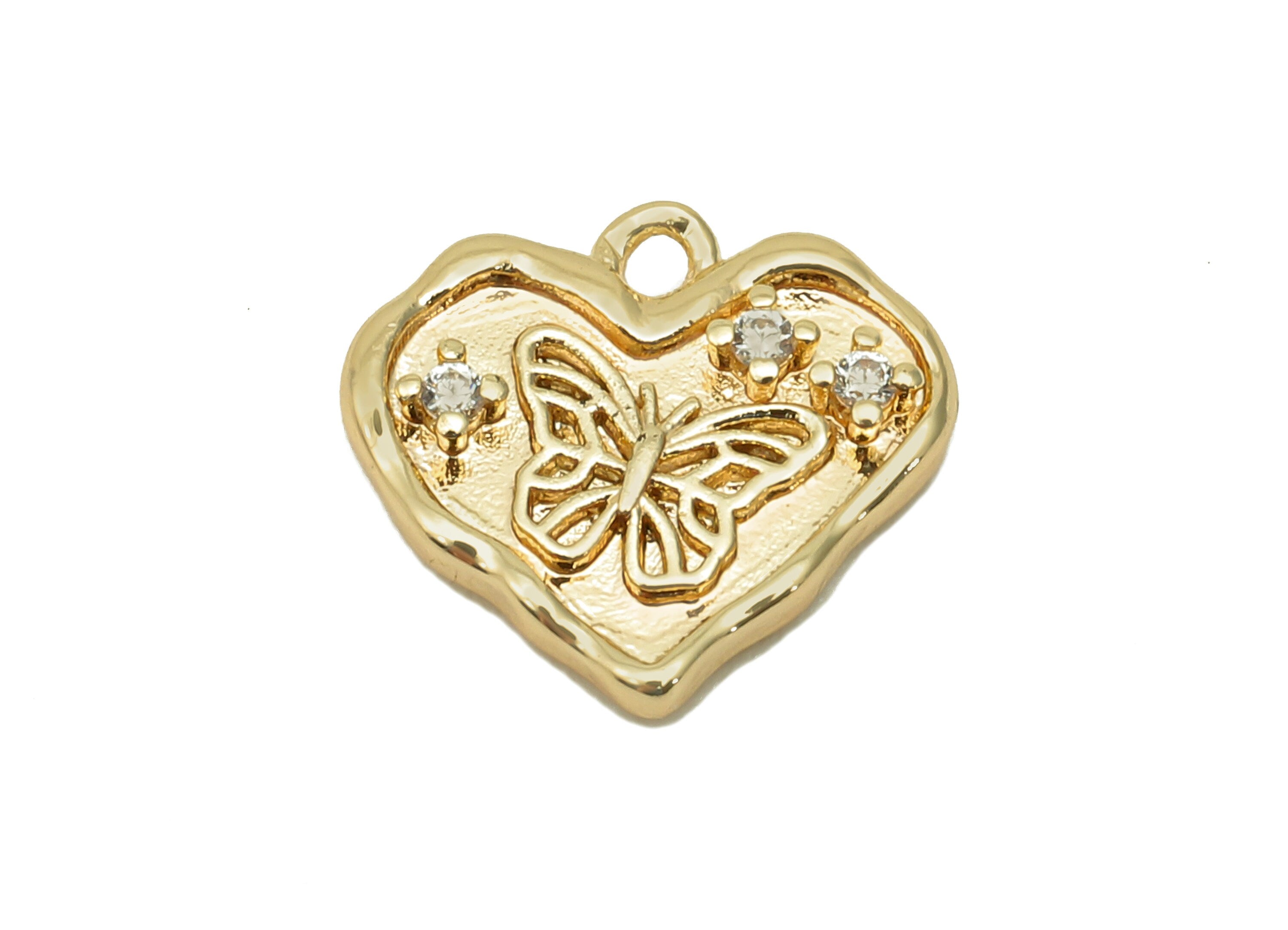 Brass Butterfly Heart Earring Charm - Zircon Star Heart Earring - Heart Pendant With Loop - 18K Real Gold Plating - 12.1x13.3x2.4mm -RGP5718 - DOMEDBAZAAR