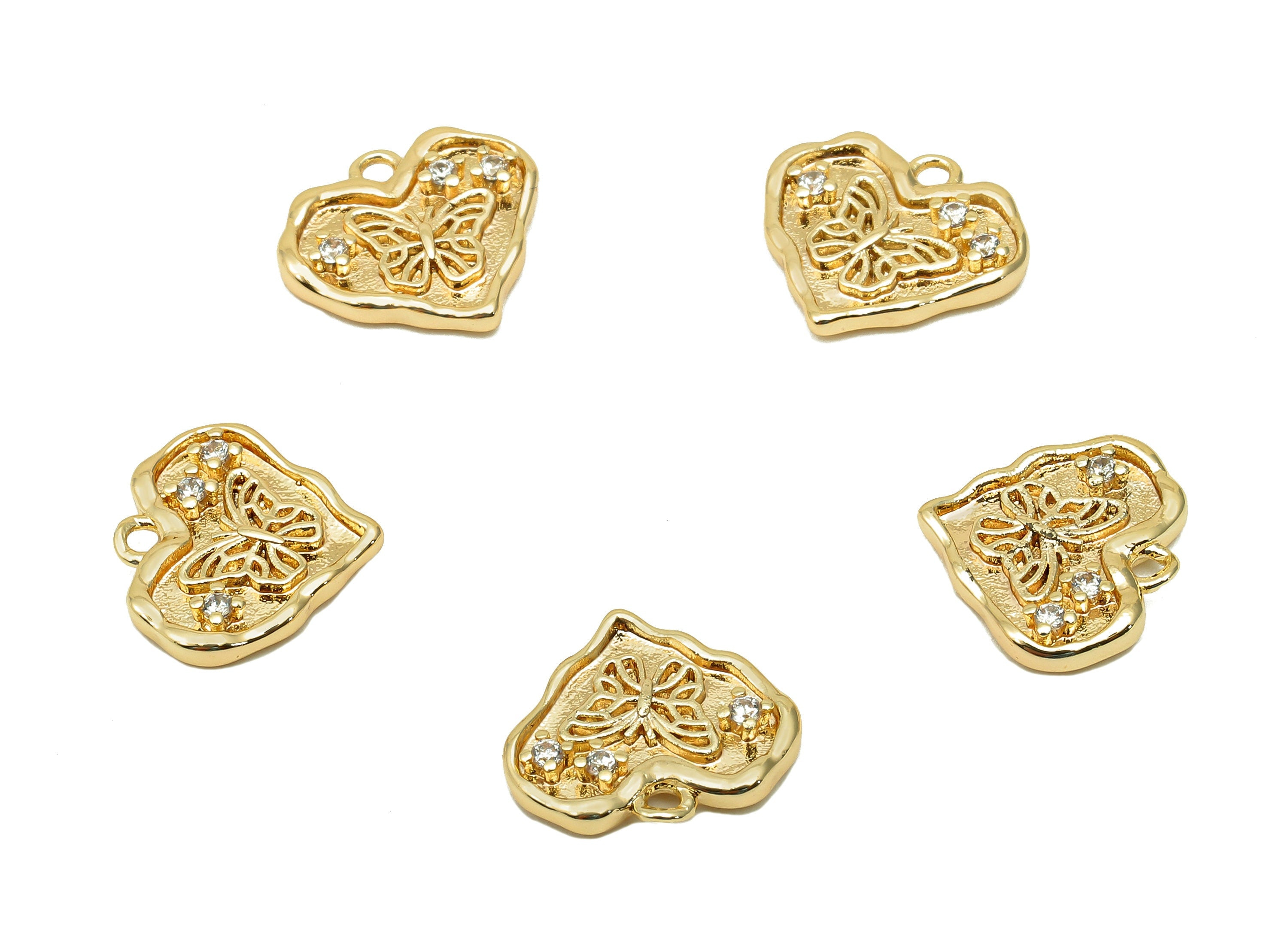 Brass Butterfly Heart Earring Charm - Zircon Star Heart Earring - Heart Pendant With Loop - 18K Real Gold Plating - 12.1x13.3x2.4mm -RGP5718 - DOMEDBAZAAR