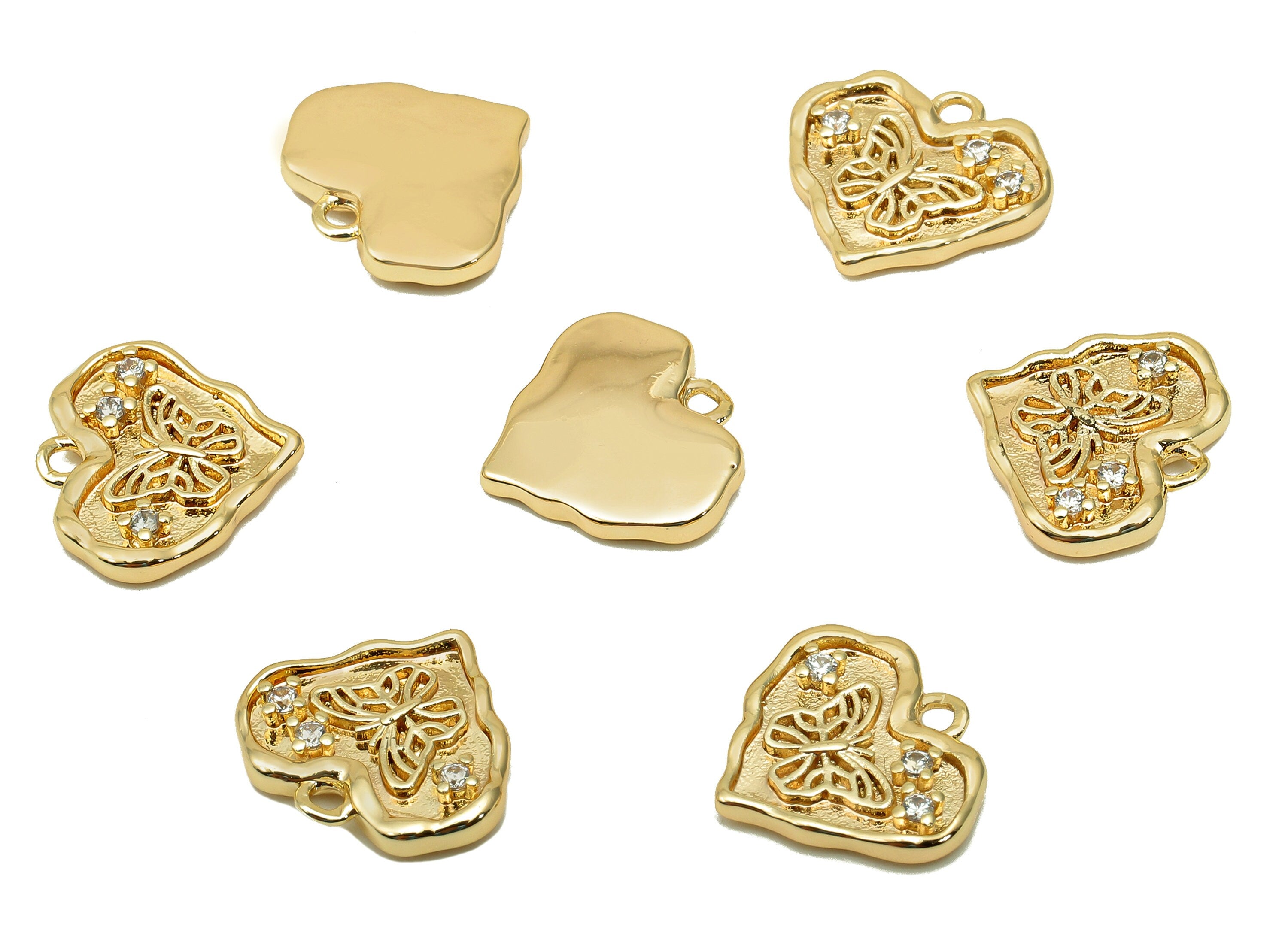Brass Butterfly Heart Earring Charm - Zircon Star Heart Earring - Heart Pendant With Loop - 18K Real Gold Plating - 12.1x13.3x2.4mm -RGP5718 - DOMEDBAZAAR