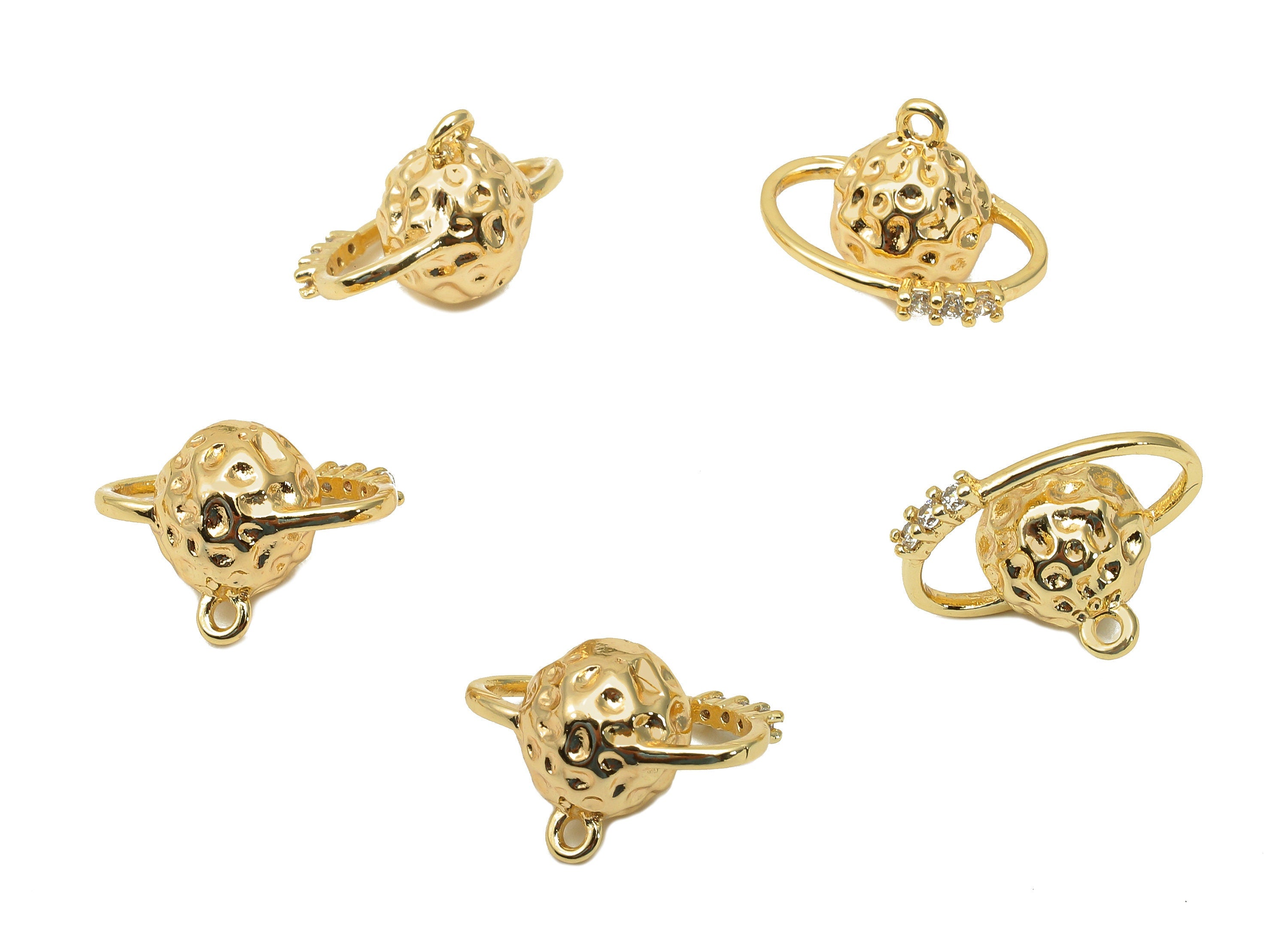 Brass Hammered Planet Earring Charm - Gold Zircon Sphere Earring - Pendant With Loop - 18K Real Gold Plating - 16.1x11.1x8.5mm - RGP5719 - DOMEDBAZAAR