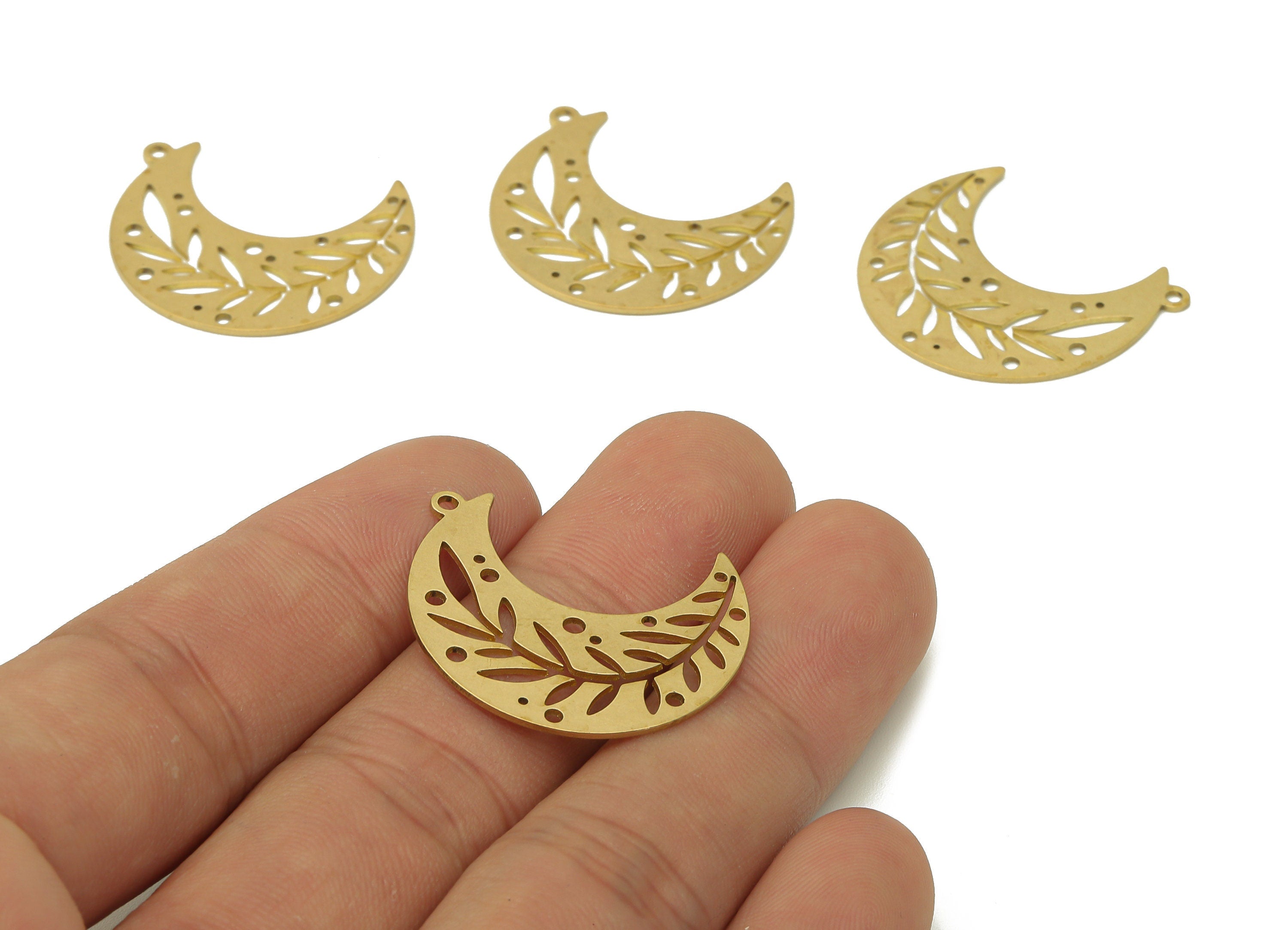 Brass Crescent Leaf Earring Charm - Raw Brass Moon Pendant - Flower Earring With Loop - Leaves Charm For Necklace - 29.7x24x0.7mm - PPA6683 - DOMEDBAZAAR