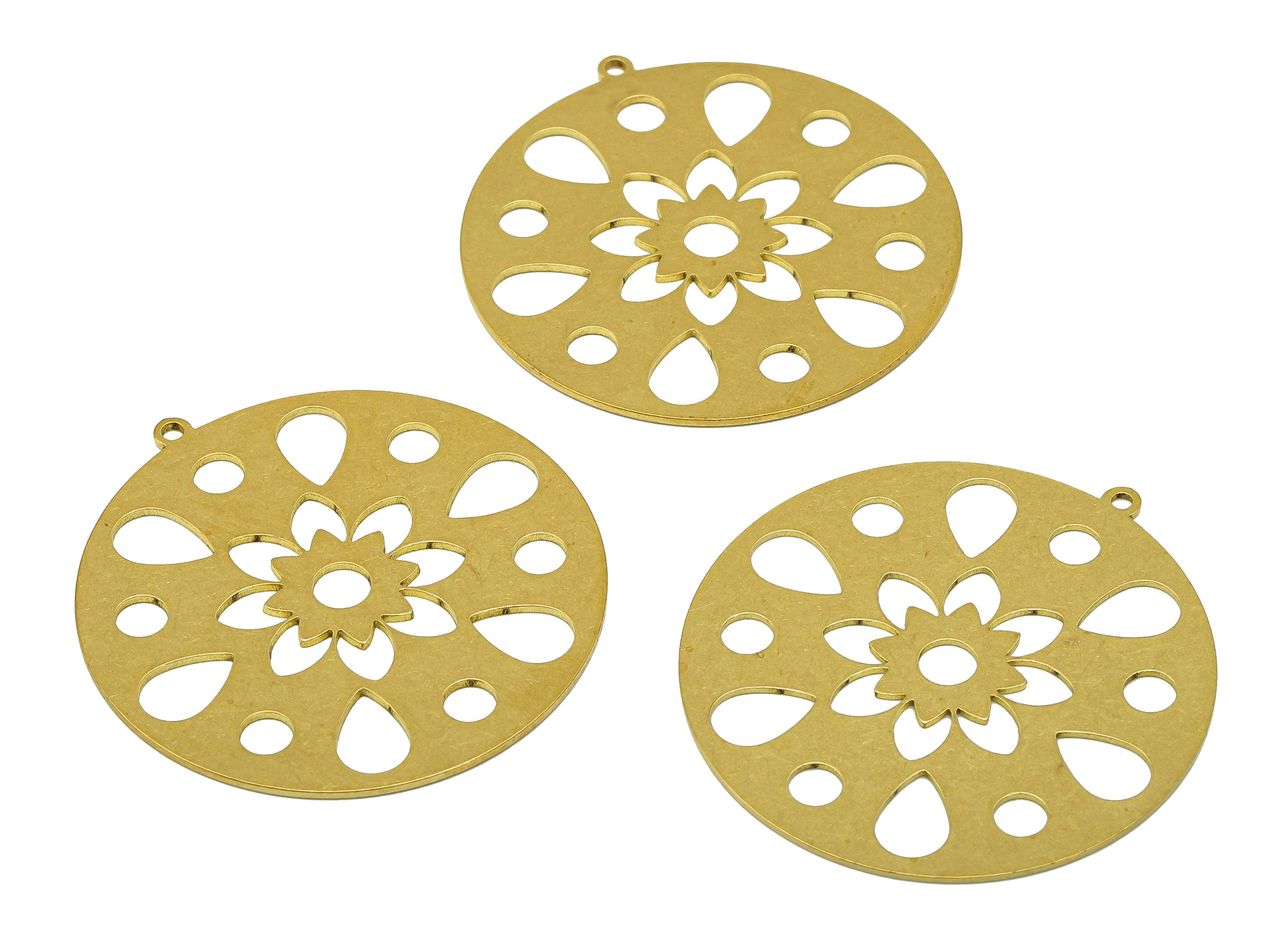 Brass Round Flower Earring Charm - Raw Brass Drop Cutout Earring - Circle Pendant With Loop - For Necklace - 39.89x37.69x0.68mm - PPA7008 - DOMEDBAZAAR