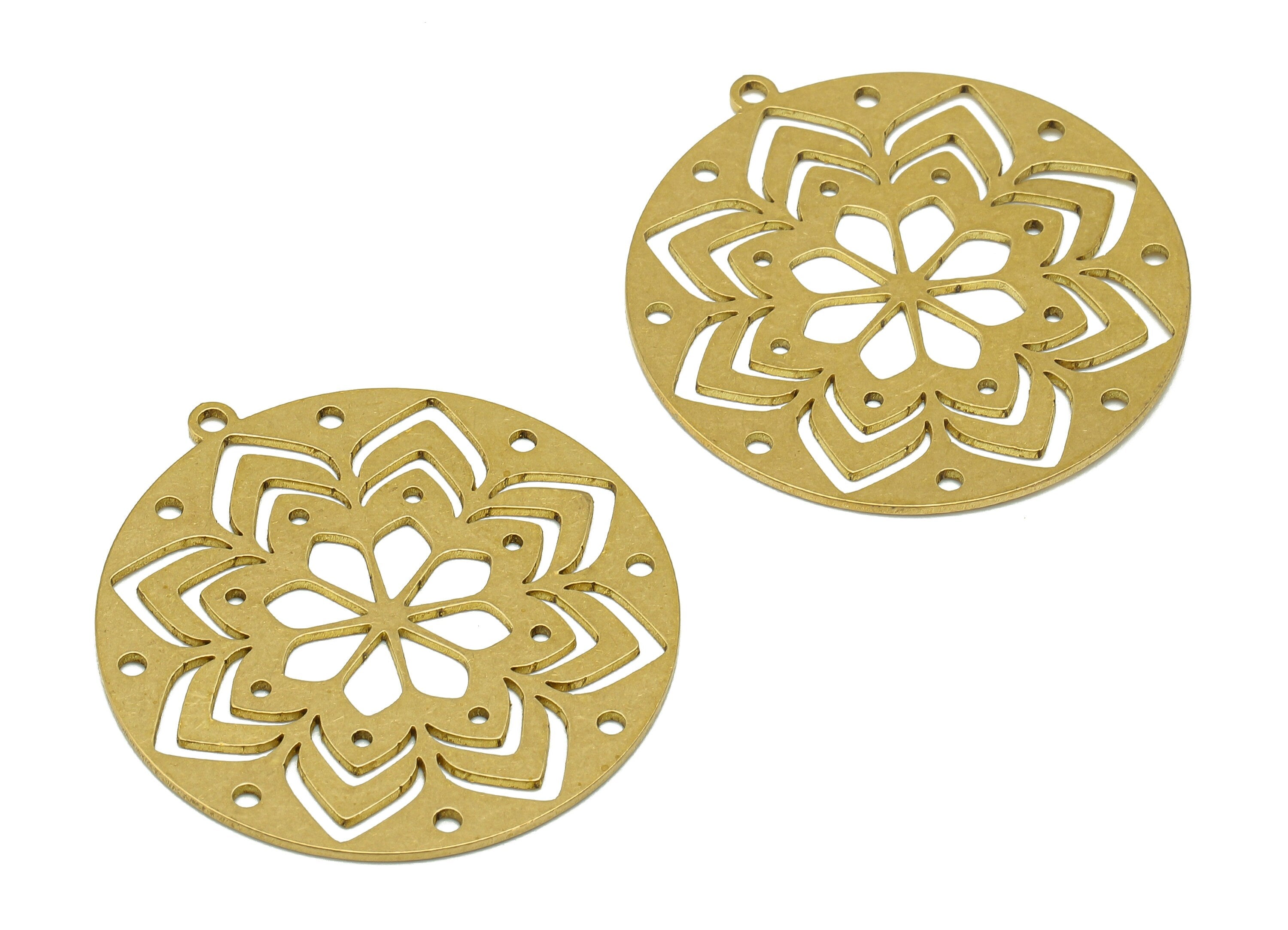 Brass Round Flower Earring Charms - Raw Brass Botanical Cutout Earring - Circle Pendant With Loop - For Necklace - 34.8x32.6x0.7mm - PPA7014 - DOMEDBAZAAR