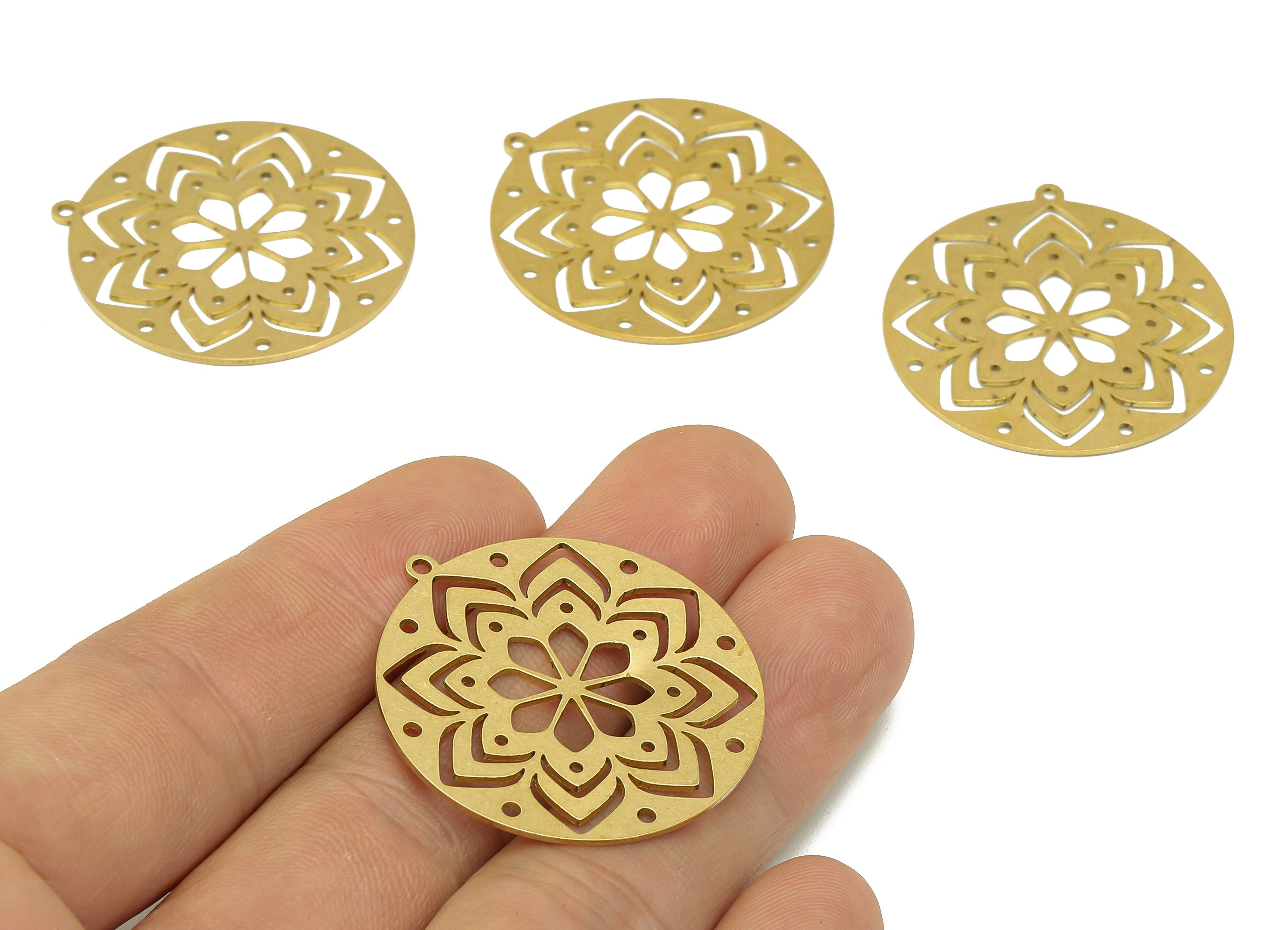 Brass Round Flower Earring Charms - Raw Brass Botanical Cutout Earring - Circle Pendant With Loop - For Necklace - 34.8x32.6x0.7mm - PPA7014 - DOMEDBAZAAR