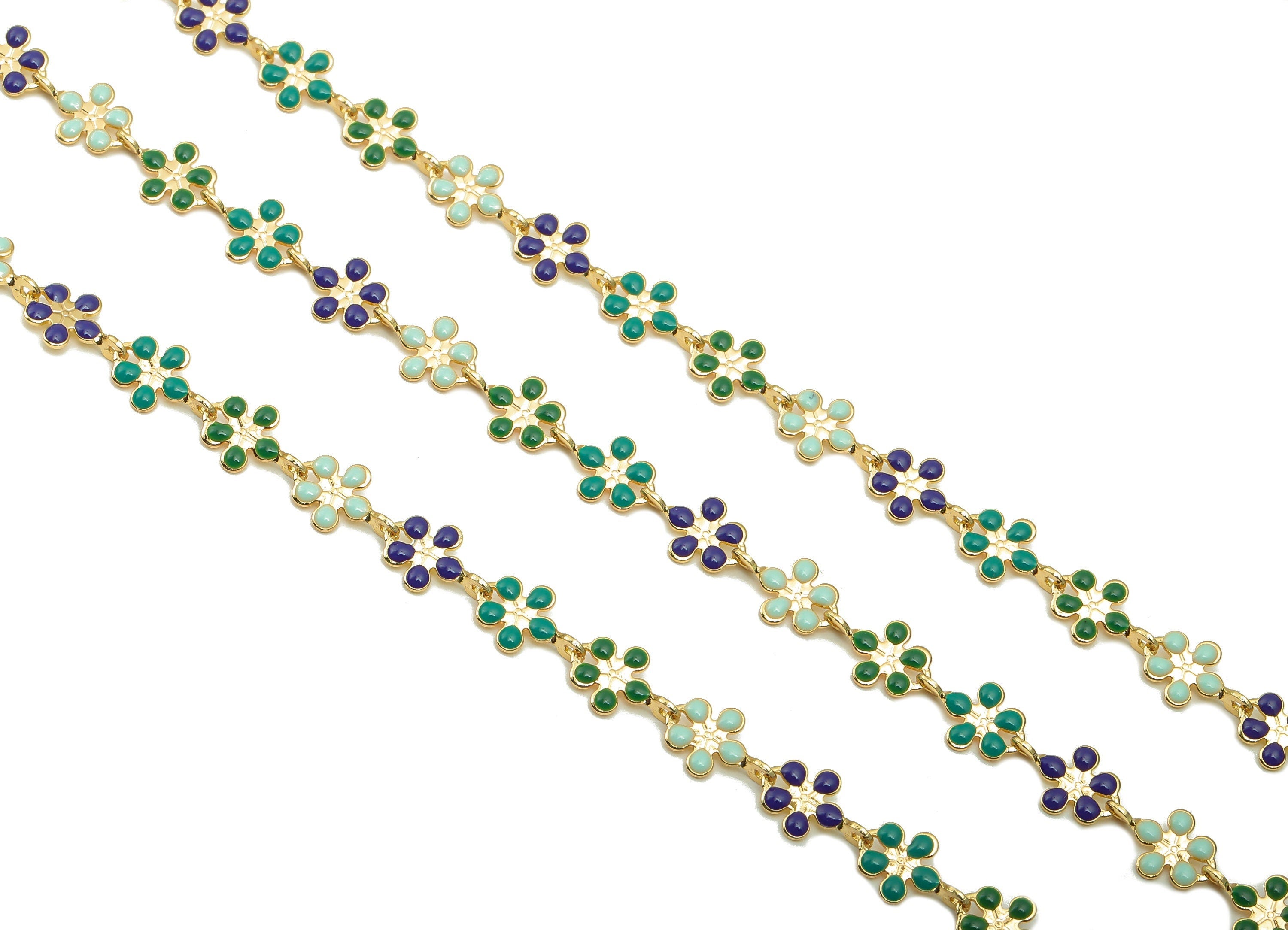 Enamel Daisy Chain - Satellite Bead Cable Chain - Green Navy Flower Bead Chain - 18K Chains - 9.48x5.9x0.77mm - RGP5798A - DOMEDBAZAAR