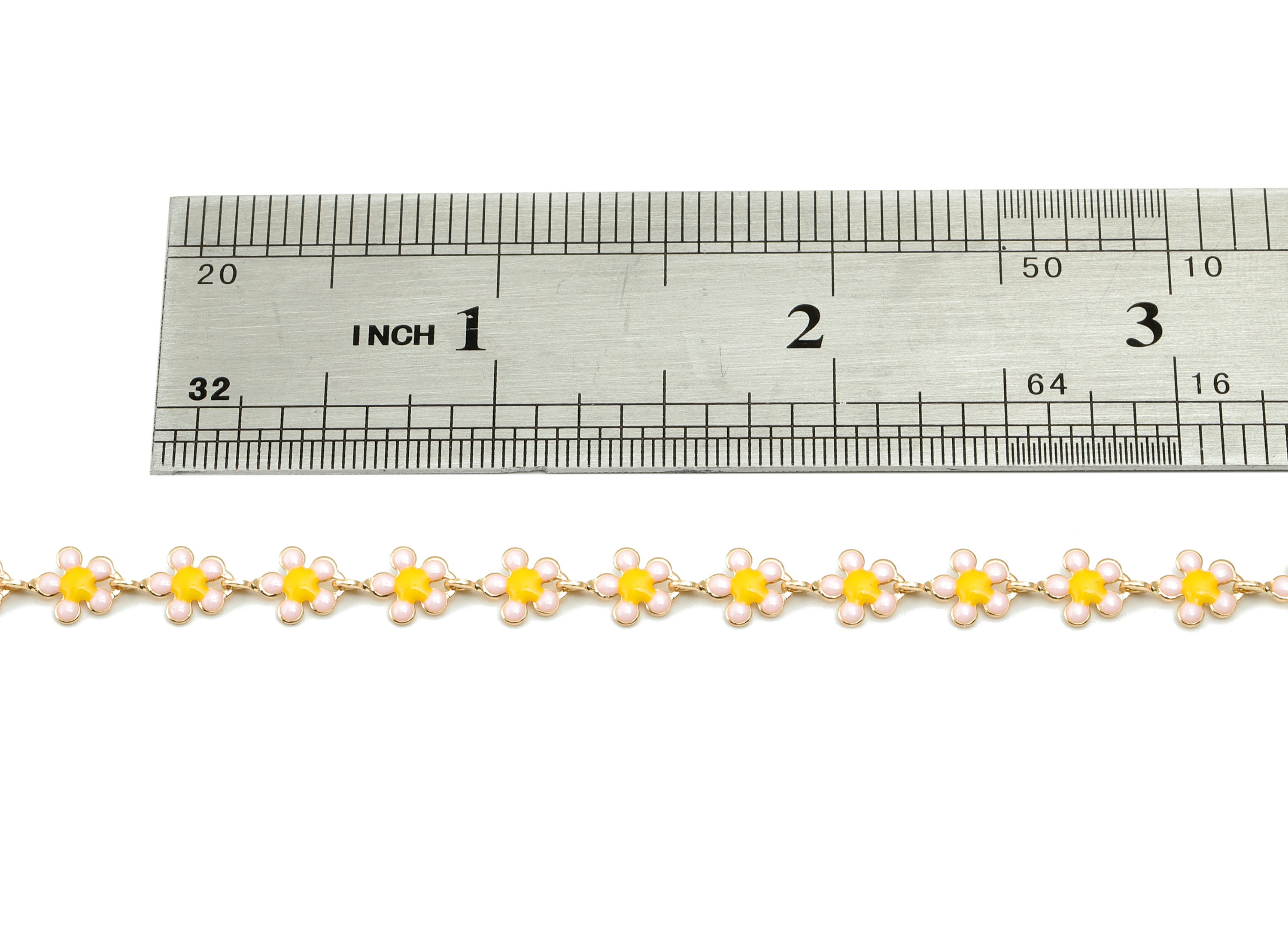 Enamel Daisy Chain - Satellite Bead Cable Chain - Yellow Pink Flower Bead Chain - 18K Chains - 9.48x5.9x0.77mm - RGP5798D - DOMEDBAZAAR