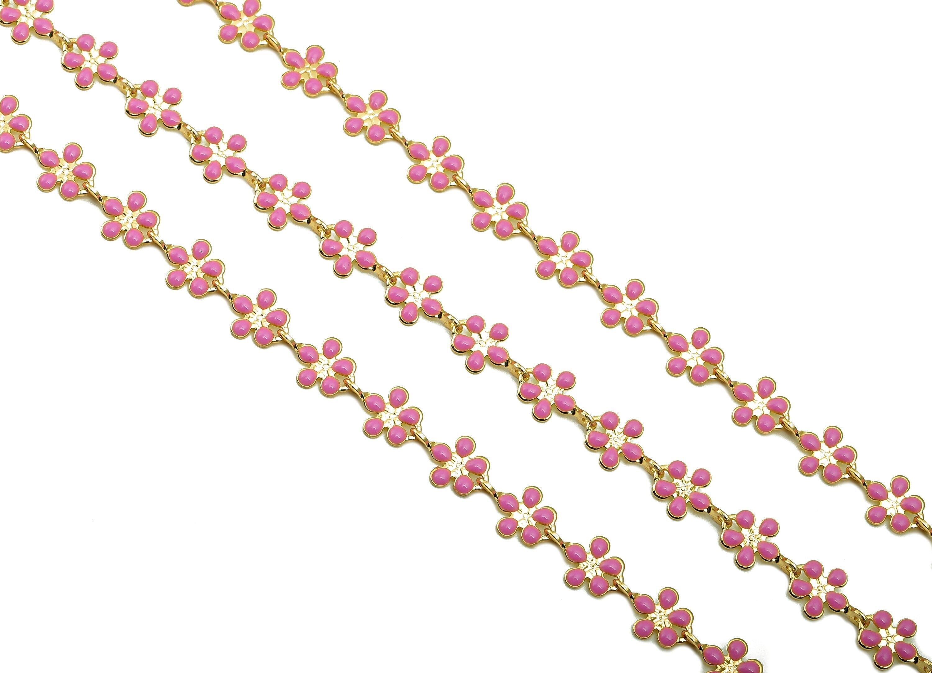 Enamel Daisy Chain - Satellite Bead Cable Chain - Pink Flower Bead Chain - 18K Chains - 9.48x5.9x0.77mm - RGP5798B - DOMEDBAZAAR