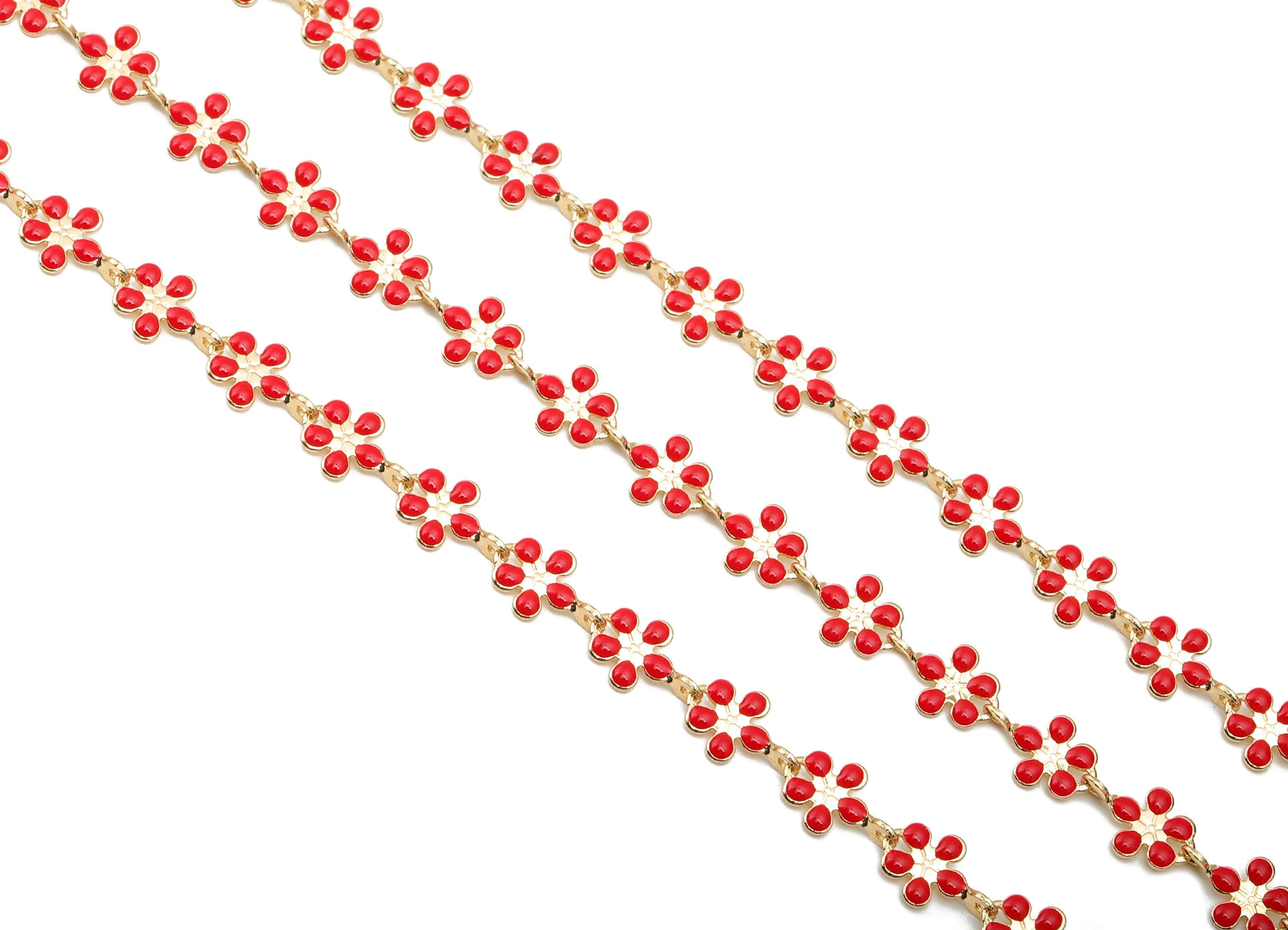 Enamel Daisy Chain - Satellite Bead Cable Chain - Red Flower Bead Chain - 18K Chains - 9.48x5.9x0.77mm - RGP5798E - DOMEDBAZAAR