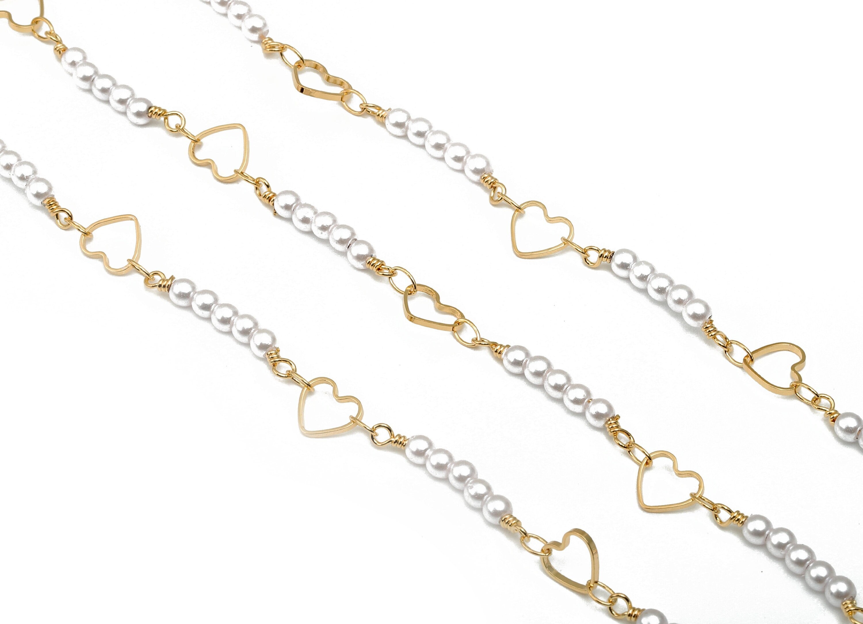 Pearl Satellite Chain - Brass Heart Beaded Chain - Heart Bead Chain - 18K Chains Necklace - 30.32x6.44x3.04mm - RGP5800 - DOMEDBAZAAR