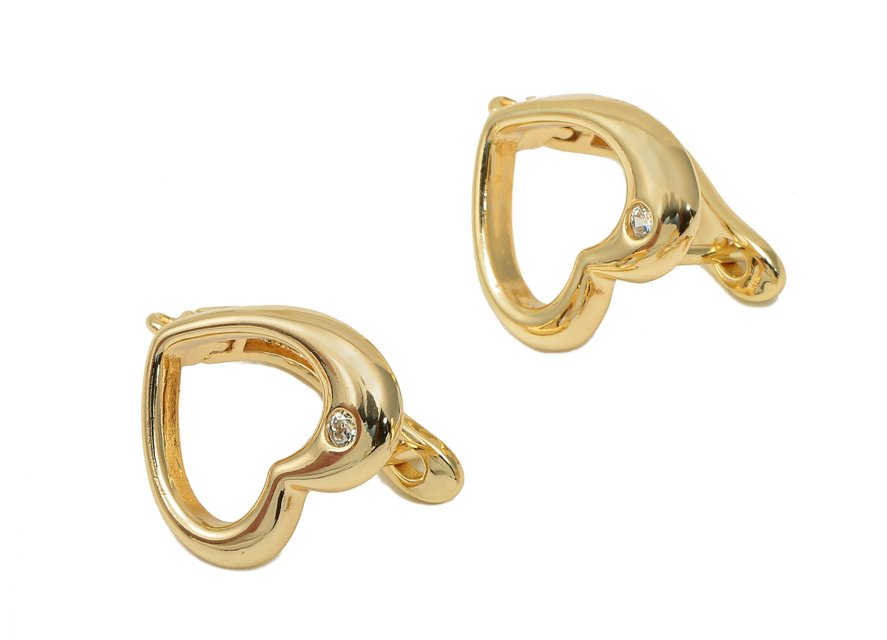 Brass Zircon Heart Earring Clasp - Leverback Dots Earring - Spot Clasp Earring With Loop - 18K Real Gold Plating - 15.9x14.9x2.3mm - RGP5721 - DOMEDBAZAAR