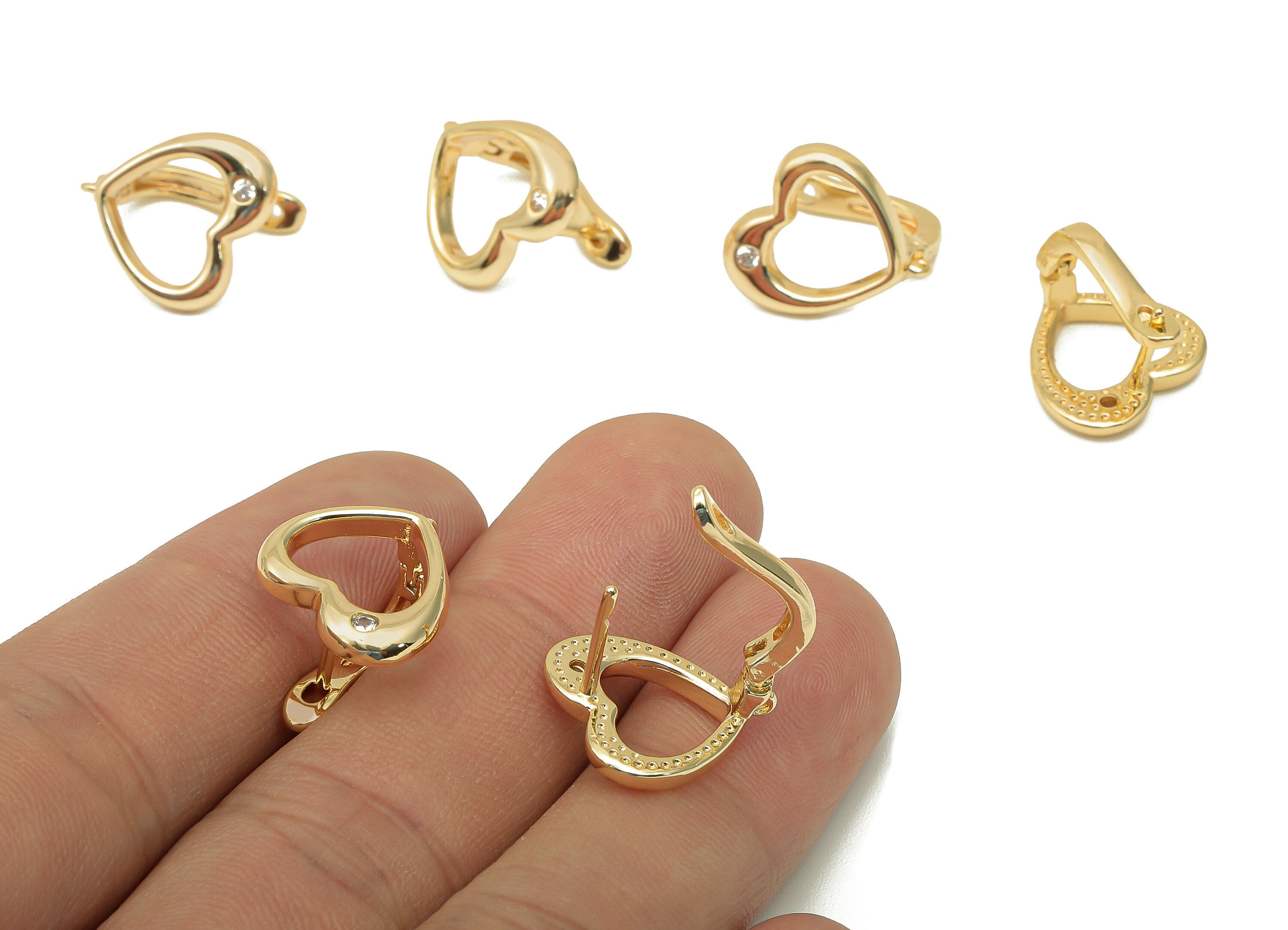 Brass Zircon Heart Earring Clasp - Leverback Dots Earring - Spot Clasp Earring With Loop - 18K Real Gold Plating - 15.9x14.9x2.3mm - RGP5721 - DOMEDBAZAAR