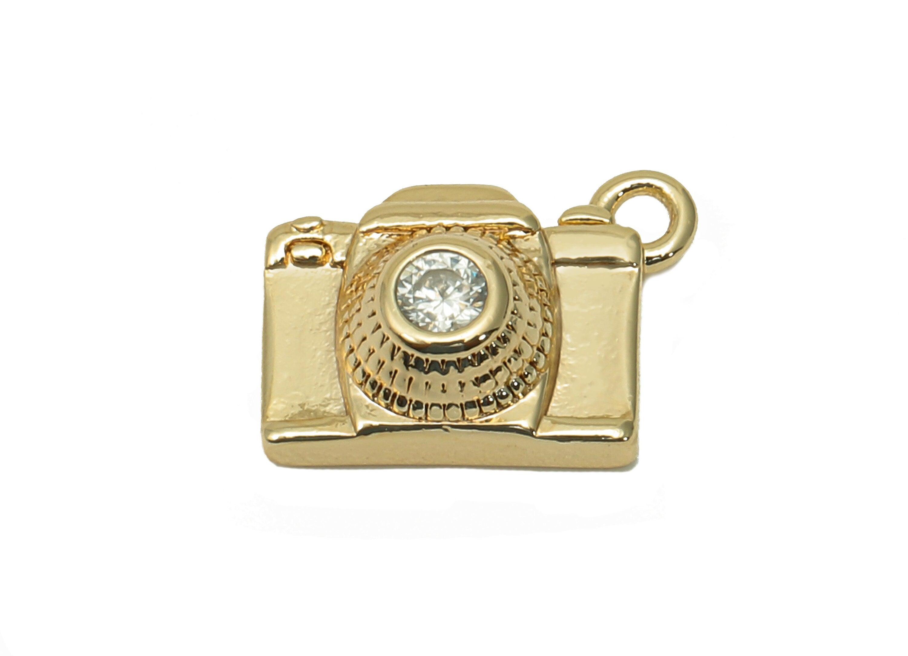 Brass Mini Camera Earring - Zircon Camera Spot Charm - Dots Camera Pendant With Loop - 18K Real Gold Plating - 12.7x9.5x4.8mm -RGP5723 - DOMEDBAZAAR