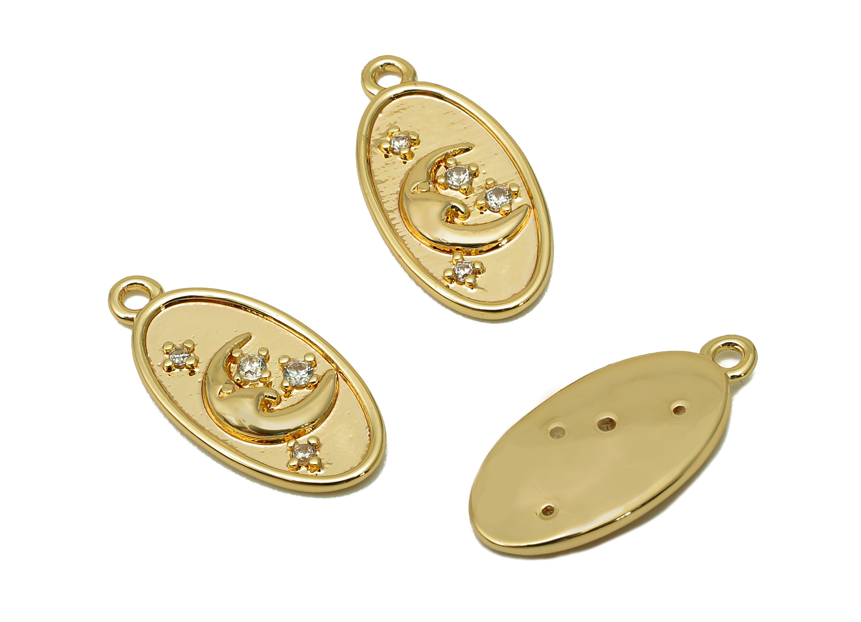 Brass Crescent Oval Earring - Zircon Star Earring Charm - Pendant With Loop - For Necklace - 18K Real Gold Plating - 17.3x8.4x1.2mm -RGP5727 - DOMEDBAZAAR