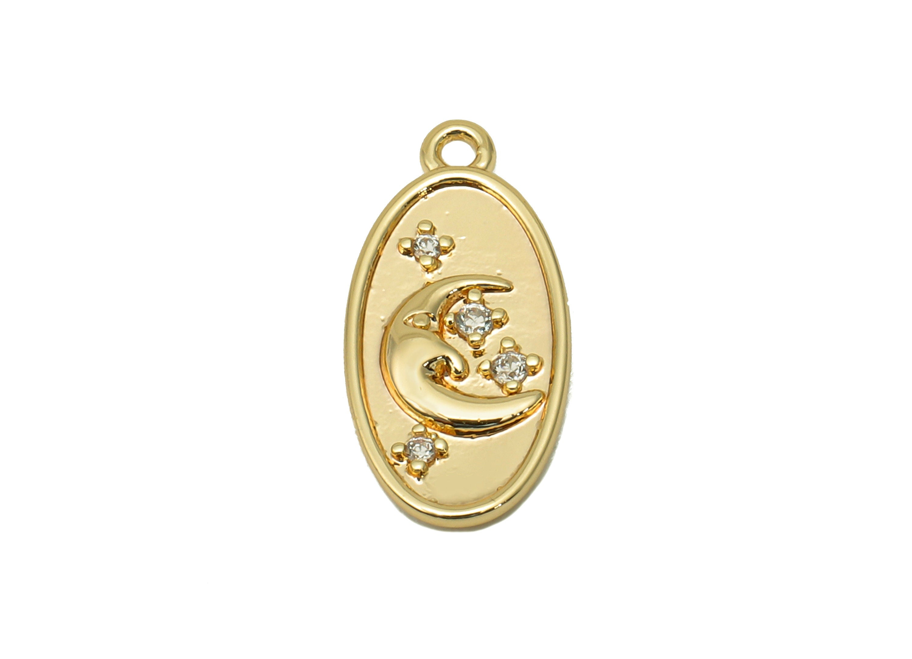 Brass Crescent Oval Earring - Zircon Star Earring Charm - Pendant With Loop - For Necklace - 18K Real Gold Plating - 17.3x8.4x1.2mm -RGP5727 - DOMEDBAZAAR