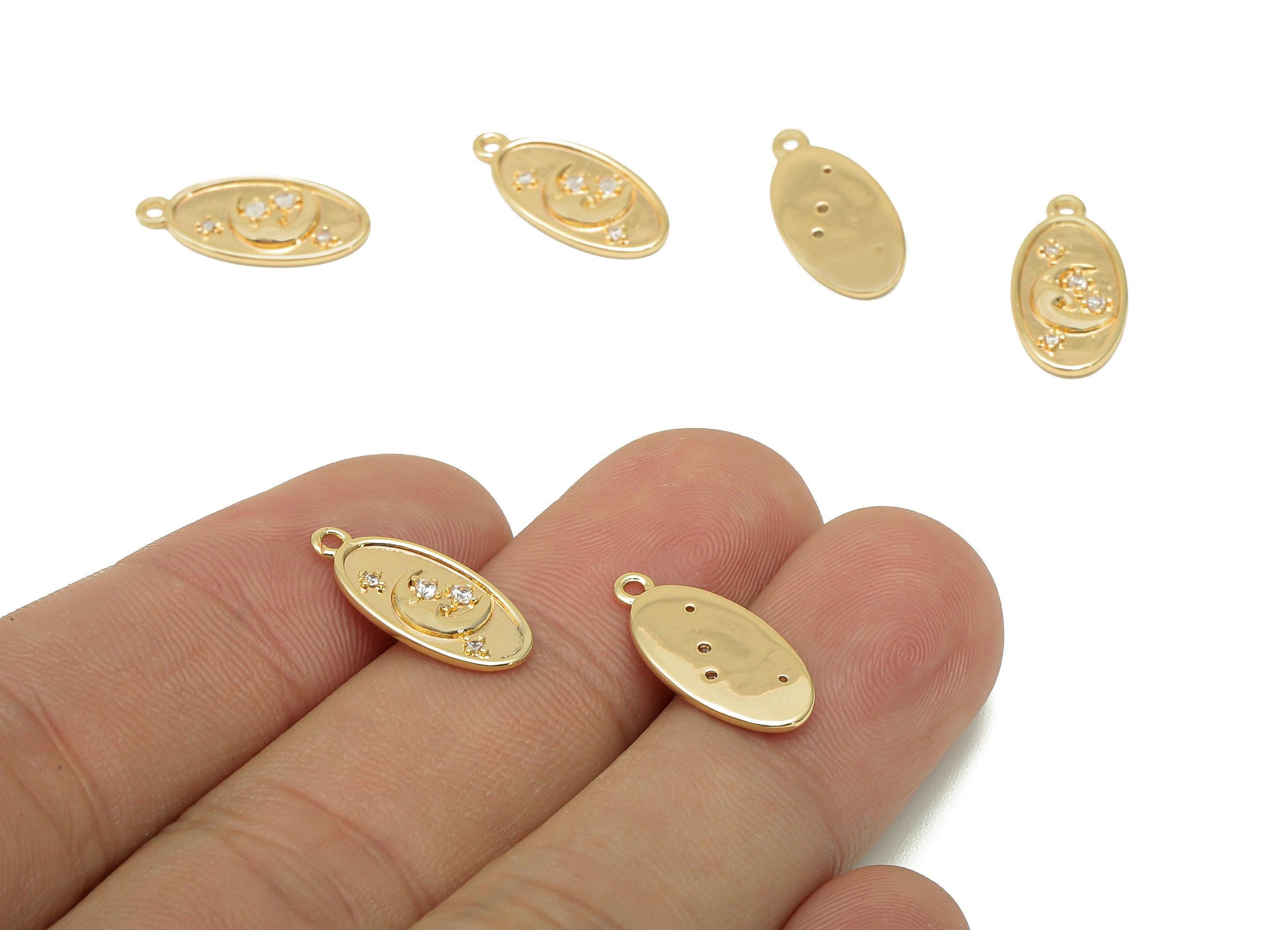 Brass Crescent Oval Earring - Zircon Star Earring Charm - Pendant With Loop - For Necklace - 18K Real Gold Plating - 17.3x8.4x1.2mm -RGP5727 - DOMEDBAZAAR