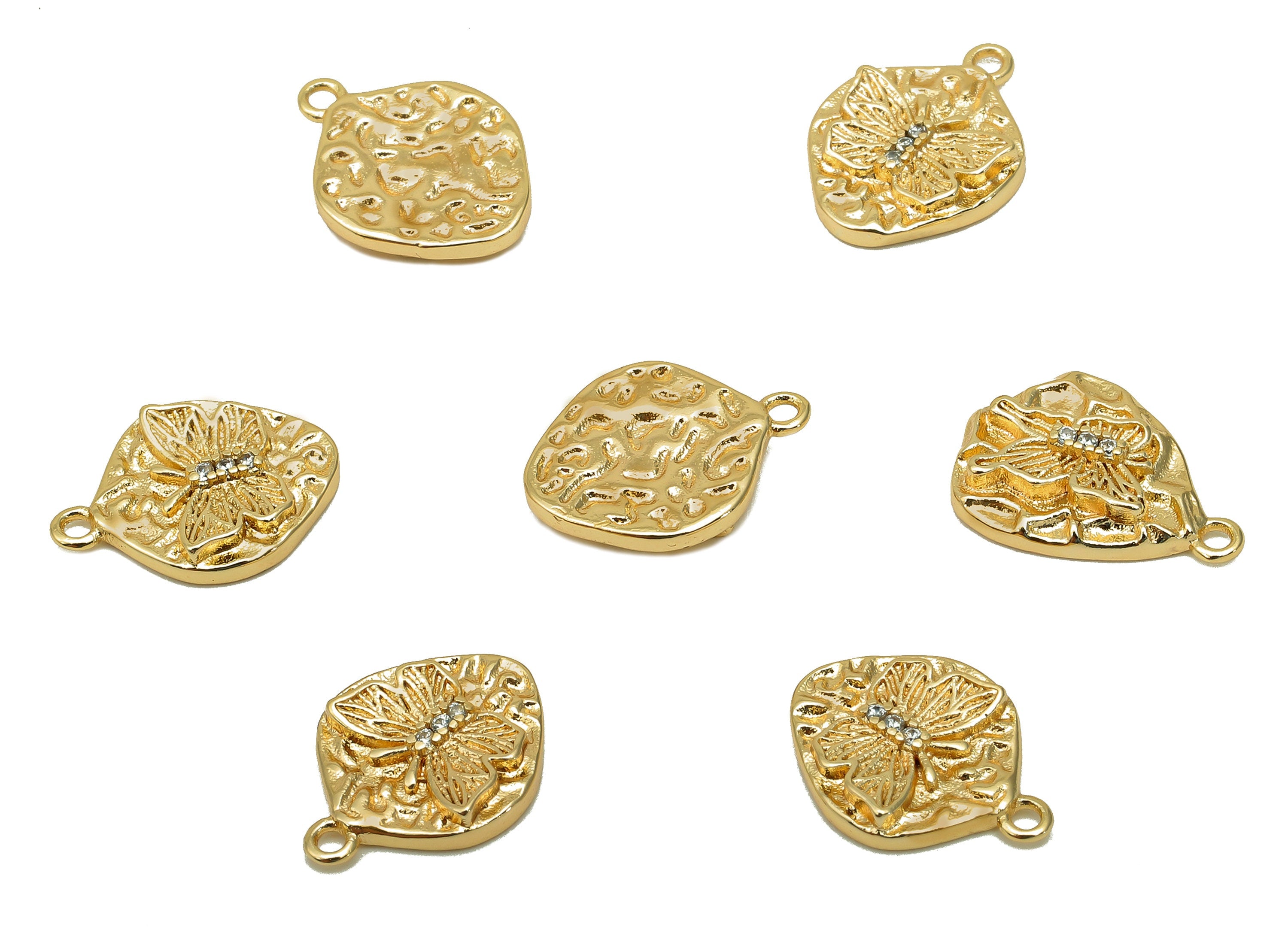 Brass Hammered Butterfly Earring Charm - Zircon Mini Oval Earring - Pendant With Loop - 18K Real Gold Plating - 13.3x10x2.3mm - RGP5728 - DOMEDBAZAAR