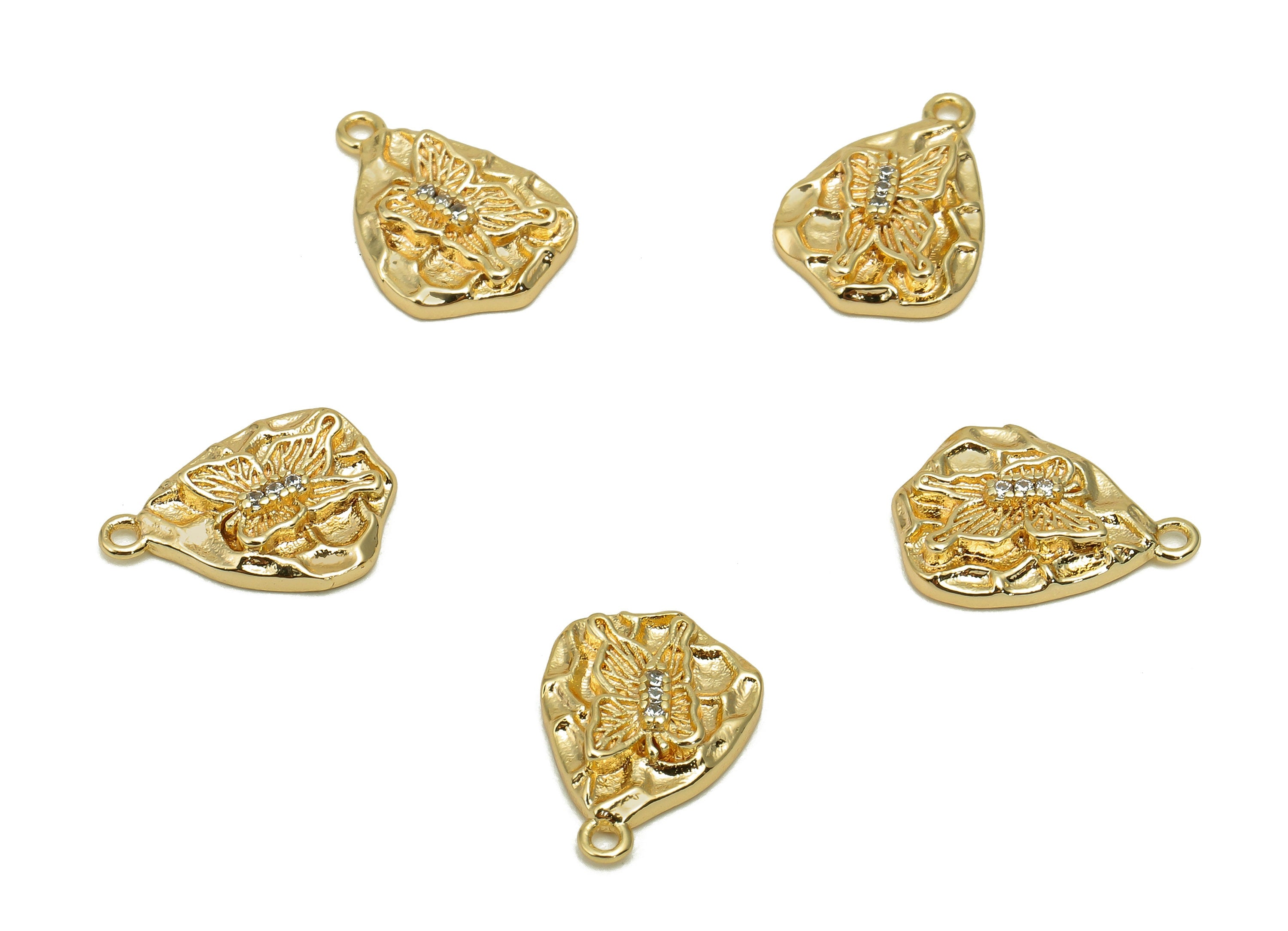 Brass Hammered Butterfly Earring Charm - Zircon Mini Oval Earring - Pendant With Loop - 18K Real Gold Plating - 13.9x9.9x2.7mm - RGP5729 - DOMEDBAZAAR