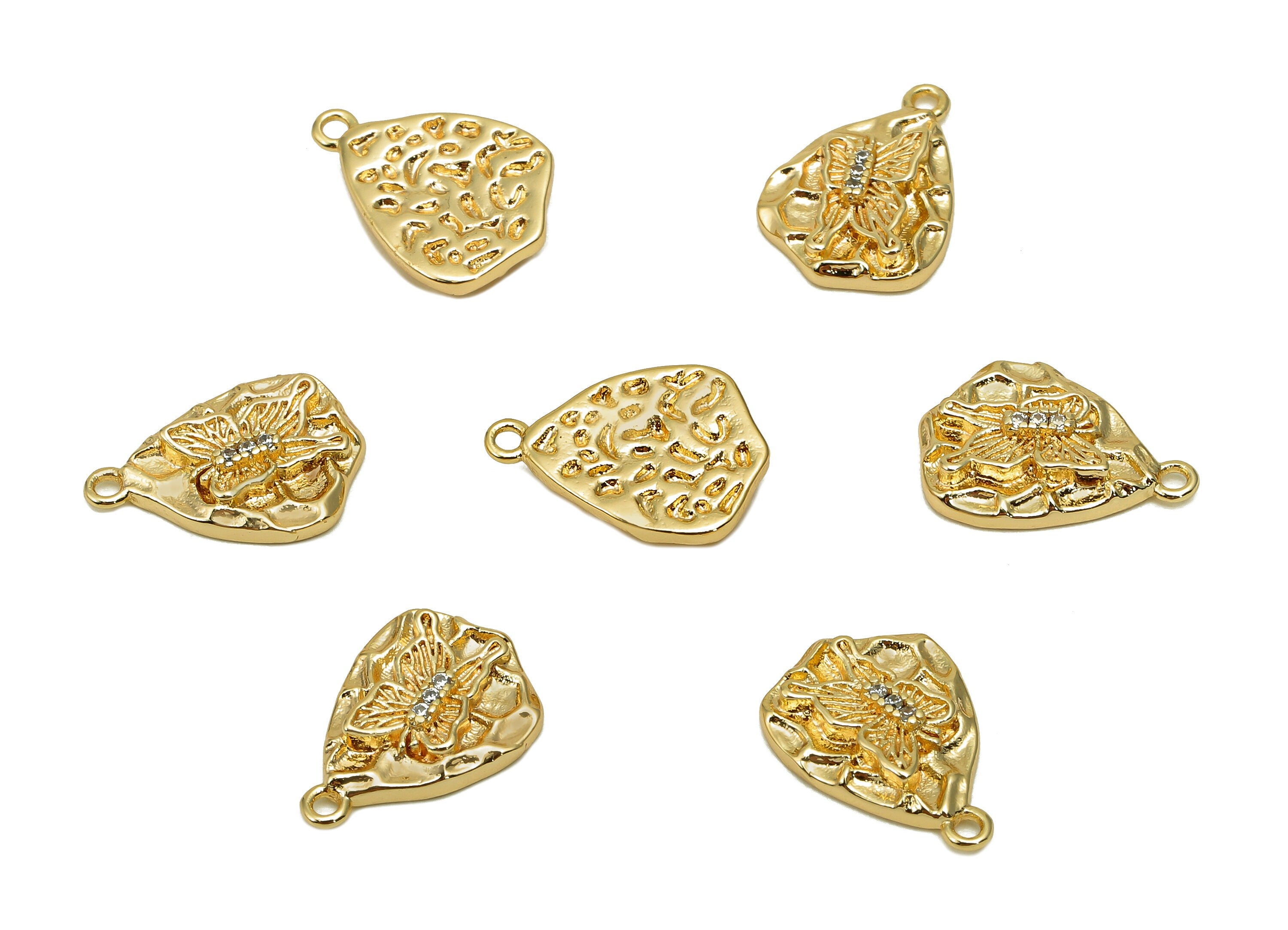 Brass Hammered Butterfly Earring Charm - Zircon Mini Oval Earring - Pendant With Loop - 18K Real Gold Plating - 13.9x9.9x2.7mm - RGP5729 - DOMEDBAZAAR