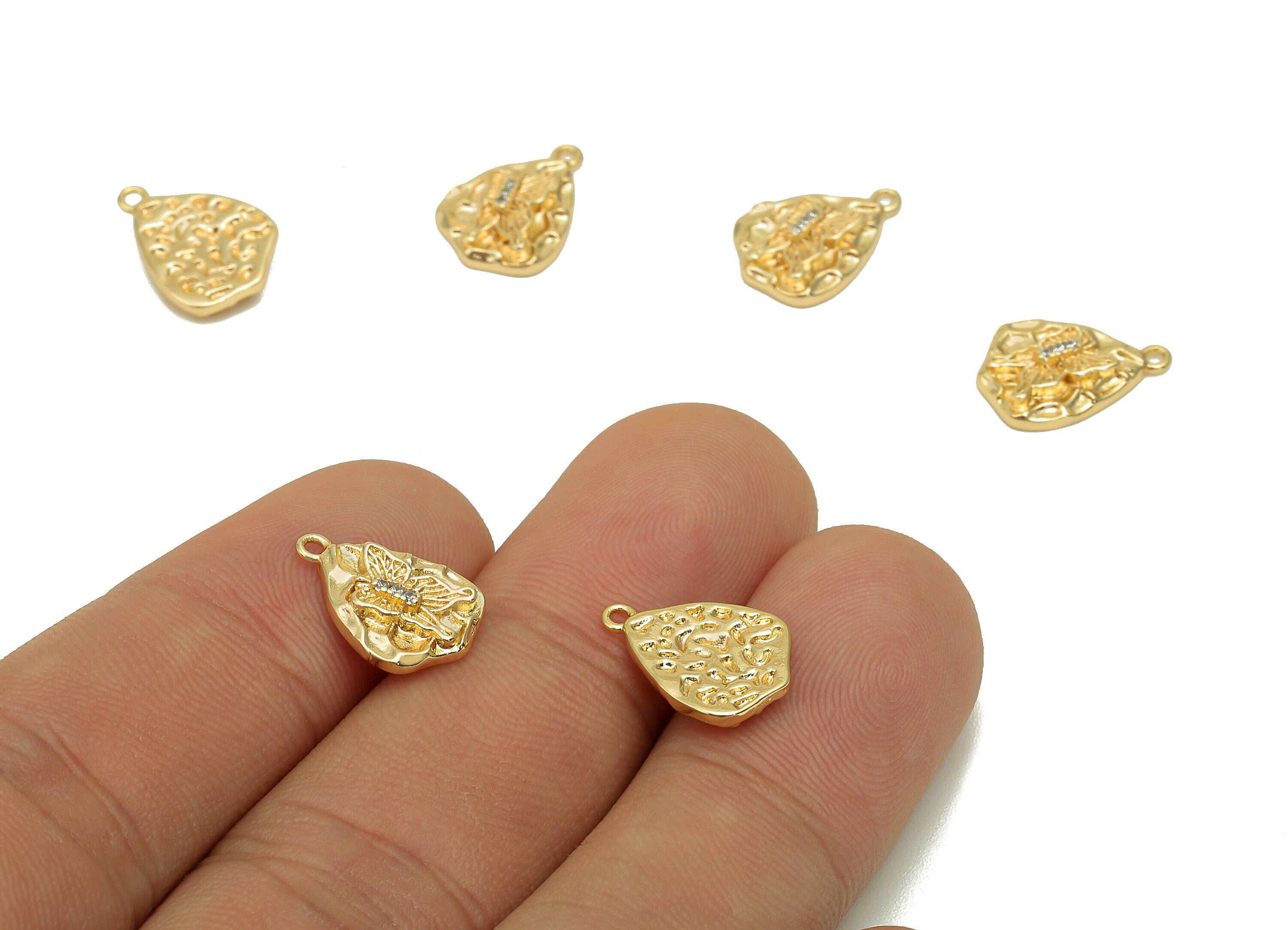 Brass Hammered Butterfly Earring Charm - Zircon Mini Oval Earring - Pendant With Loop - 18K Real Gold Plating - 13.9x9.9x2.7mm - RGP5729 - DOMEDBAZAAR