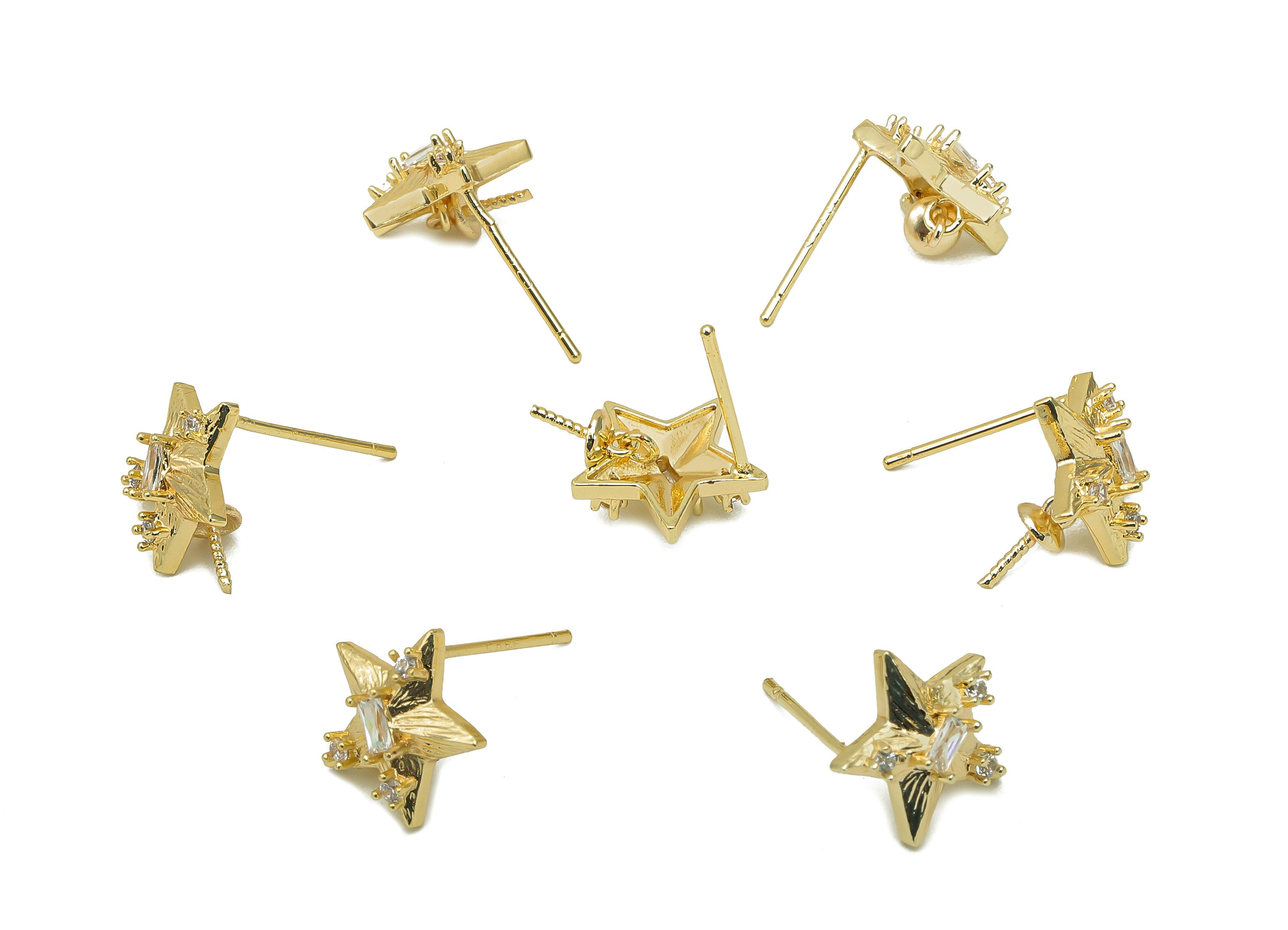 Brass Zircon Star Earring Post - Star Stud Earring With Loop - 925 Silver Stud - 18K Real Gold Plating - 14.3x11.1x3.3mm - RGP5731 - DOMEDBAZAAR