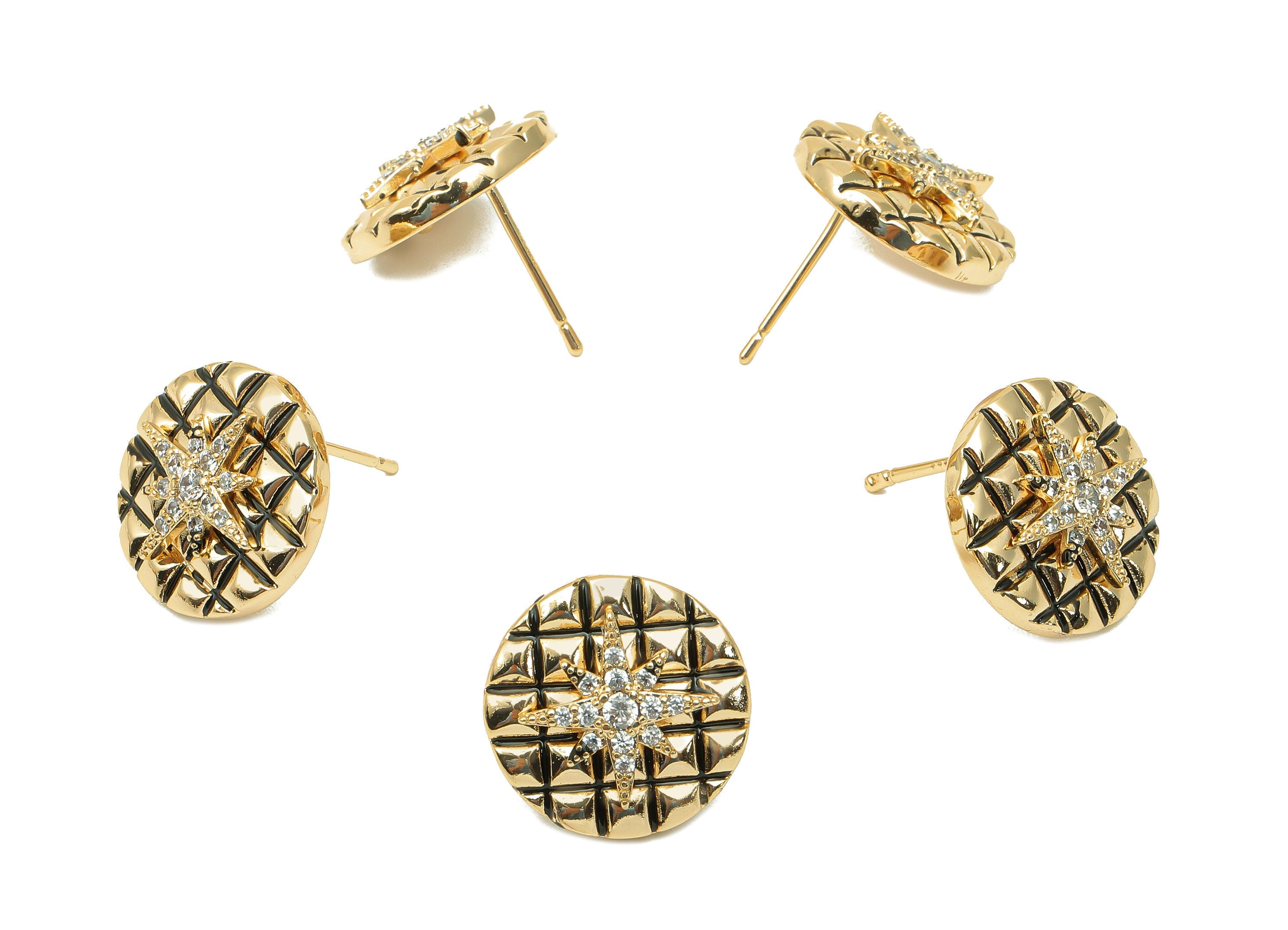 Brass Star Round Earring Post - Zircon Checkered Stud Earring - 925 Silver Stud - 18K Real Gold Plating - 15.5x15.5x3.5mm - RGP5732 - DOMEDBAZAAR