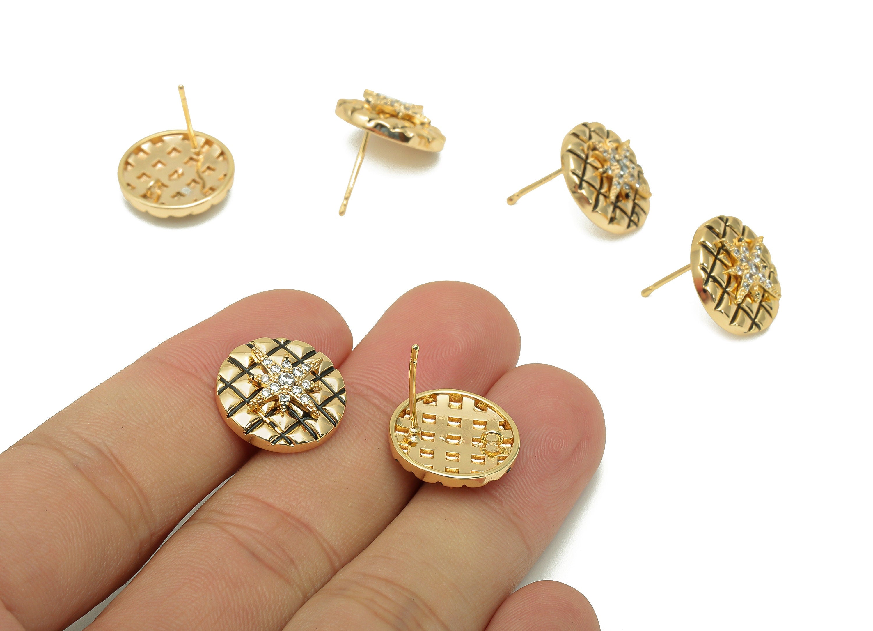 Brass Star Round Earring Post - Zircon Checkered Stud Earring - 925 Silver Stud - 18K Real Gold Plating - 15.5x15.5x3.5mm - RGP5732 - DOMEDBAZAAR
