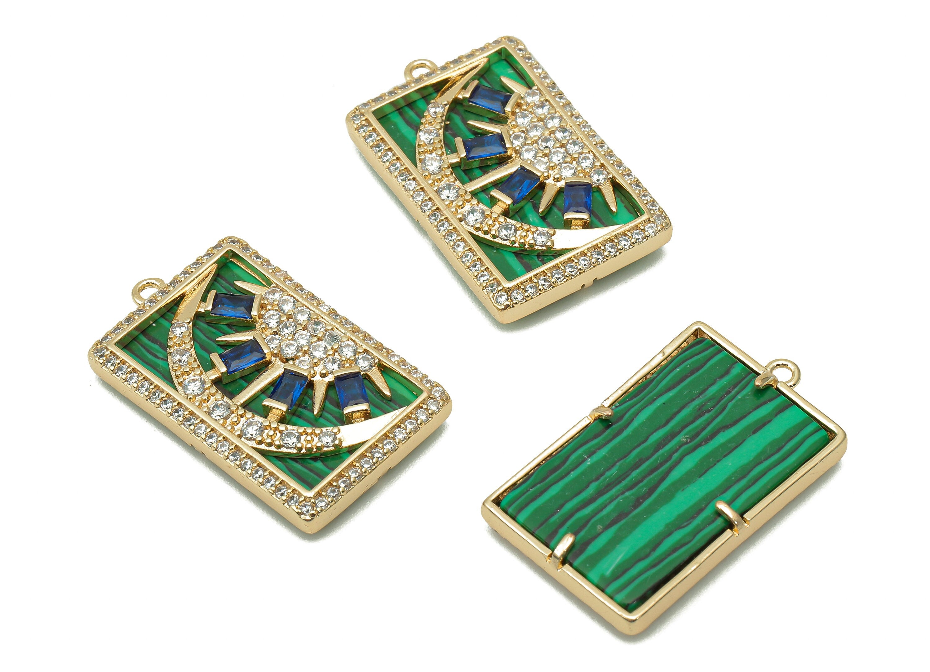 Brass Synthetic Stone Rectangle Charm - Zircon Crescent Sun Green Earring - Pendant With Loop -18K Real Gold Plating-25.1x15.2x3.4mm-RGP5733 - DOMEDBAZAAR