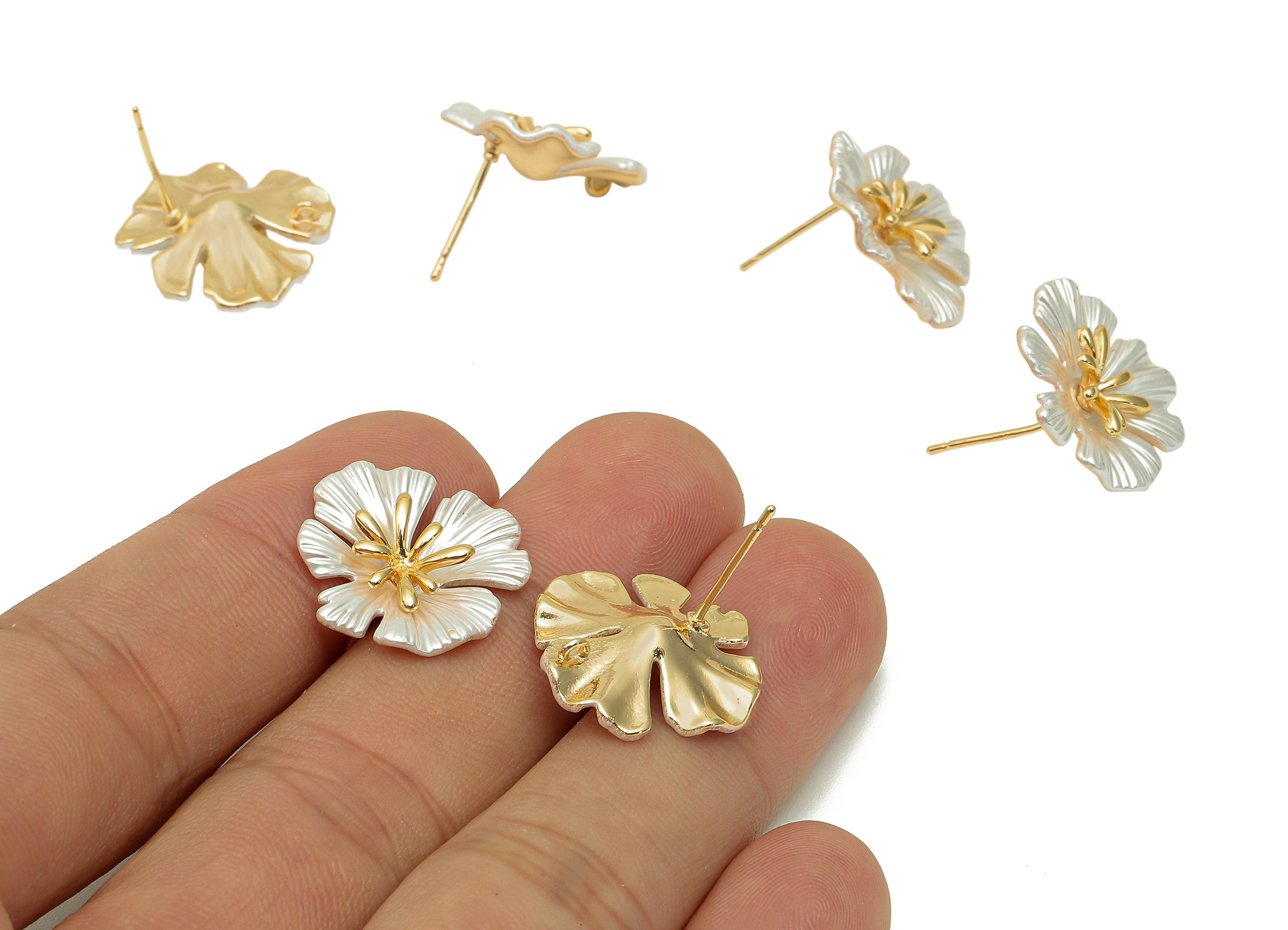 Brass Enamel Flower Earring Post - White Flower Stud Earring With Loop - 925 Silver Stud - 18K Real Gold Plating - 18.3x19.3x1.4mm - RGP5734 - DOMEDBAZAAR
