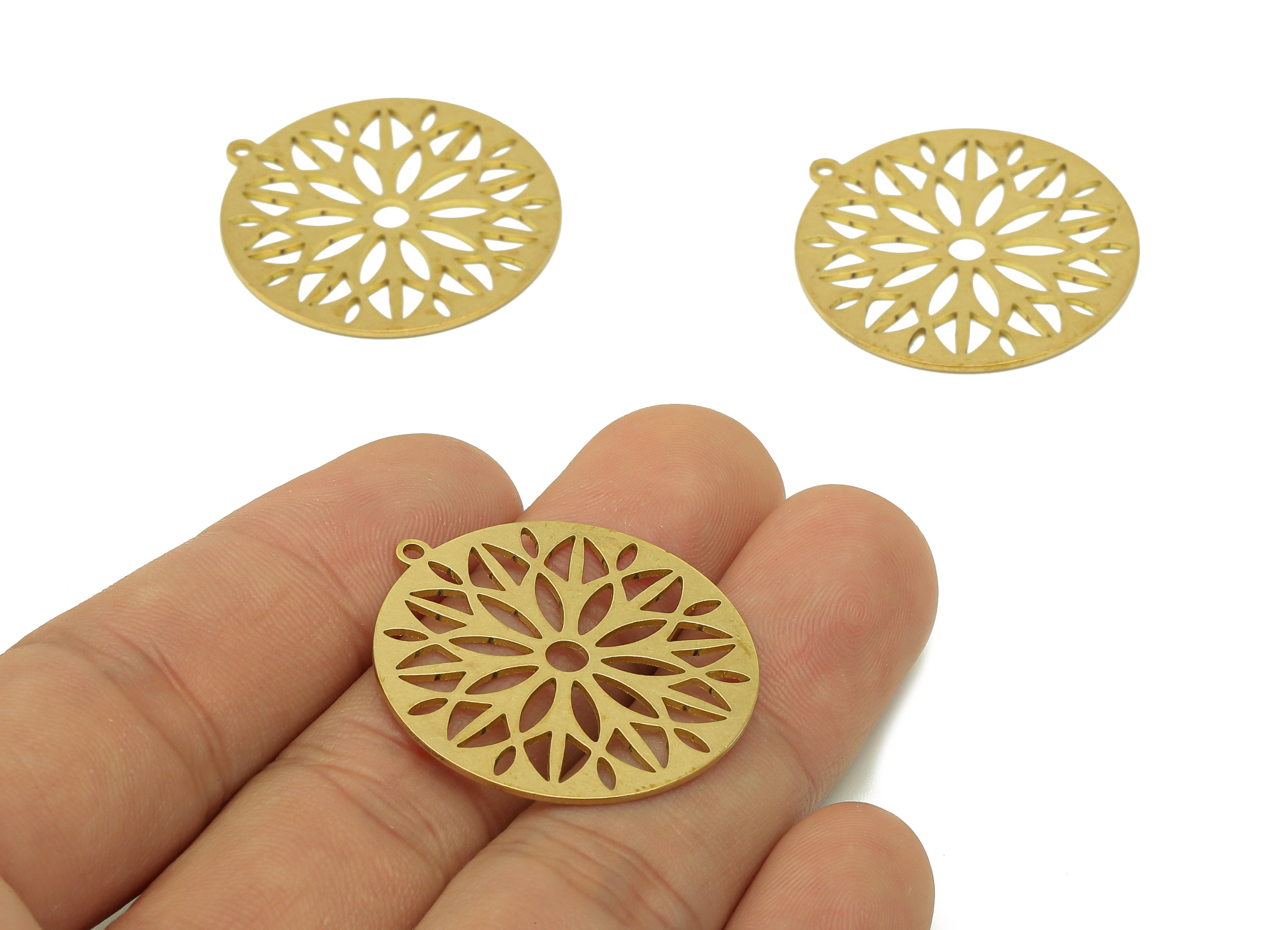 Brass Round Flower Earring Charms - Raw Brass Leaves Cutout Earring - Circle Pendant With Loop - For Necklace - 31.9x29.6x0.7mm - PPA6843 - DOMEDBAZAAR