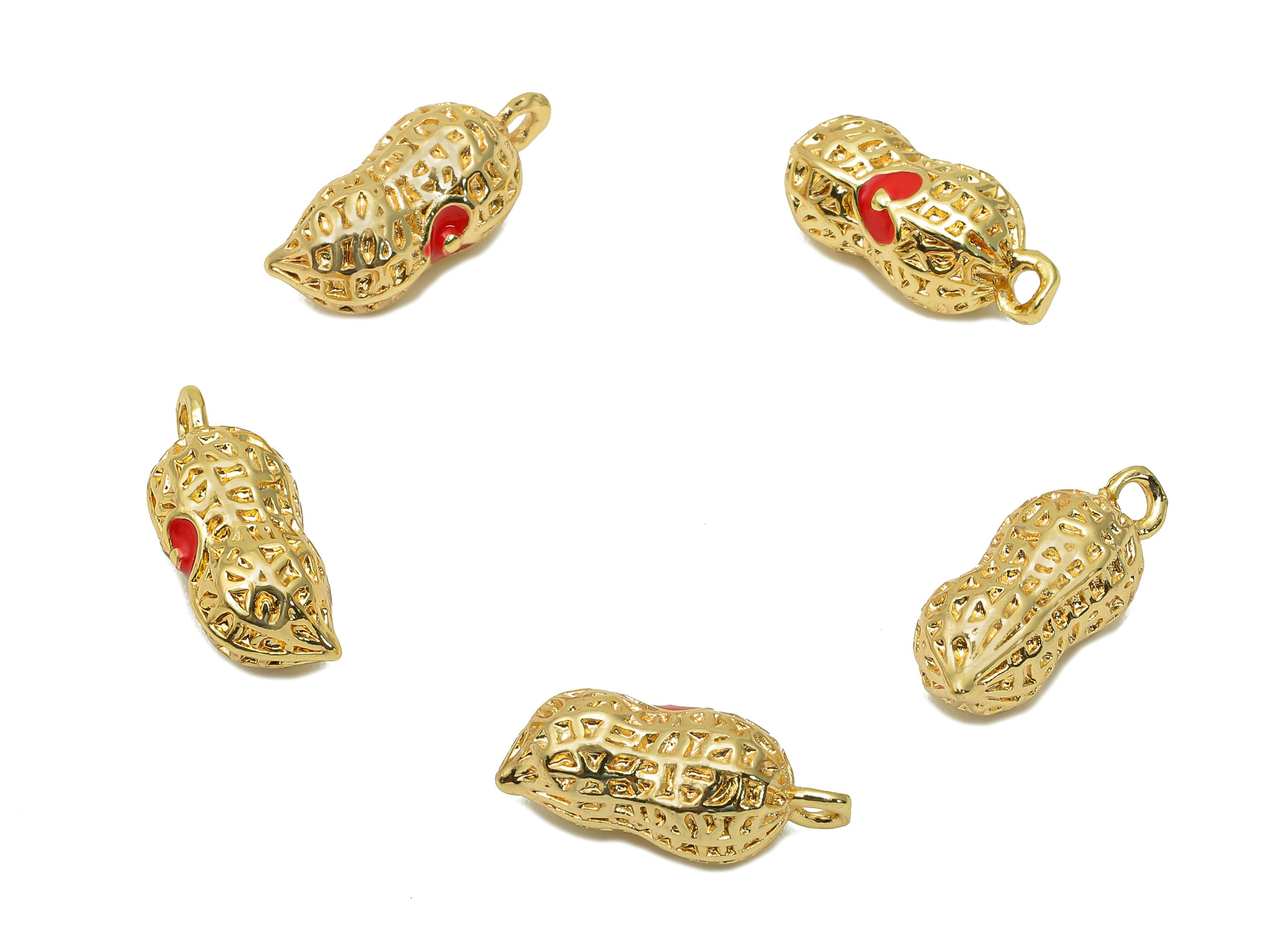 Brass Mini Peanut Earring Charm - Enamel Red Heart Textured Nut Earring - Pendant With Loop - 18K Real Gold Plating - 16.1x7x6.8mm - RGP5737 - DOMEDBAZAAR